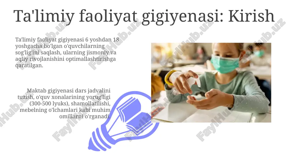 masligi maqsadga muvofiq, bu ortiqcha zoʻriqishning oldini oladi. sport inventarlarini muntazam tozalash va dezinfeksiya qilish juda muhim, chunki ular bakteriyalar va qoʻziqorinlar uchun qulay muhit boʻlishi mumkin hamda kasallik tarqalishiga yoʻl qoʻymaydi. o'quv jarayonida dam olish gigiyenasi 01 02 o'quv jarayonida 45 daqiqalik darsdan so'ng, 10-15 daqiqalik tanaffus zarur, bu vaqt mobaynida ko'zni kompyuterdan uzoqlashtiring va mashqlar bajaring. sales 1st qtr 2nd qtr 100 0 sales 1st qtr 2nd qtr 100 0 ta'limiy faoliyat gigiyenasini buzilishining oldini olish o'quvchilarda 20/20 ko'rish qobiliyatini saqlash uchun yorug'likni to'g'ri ta'minlash, har 40 daqiqada 5-10 daqiqalik tanaffuslar bilan mashq qilish kerak. o'quvchilarni radiatsiya ta'siridan himoya qilish uchun ekran va ko'zlar orasidagi masofa kamida 50-70 sm bo'lishi, dars vaqtida 15 daqiqalik uzilishlar bo'lishi zarur. e'tiboringiz uchun rahmat image4.png image5.jpg image6.jpg image7.jpg image8.jpg image9.jpg image10.jpg image11.jpg image12.jpg image13.jpg image14.jpg image15.jpg image16.jpg image17.jpg image1.jpeg image2.jpeg image3.jpeg