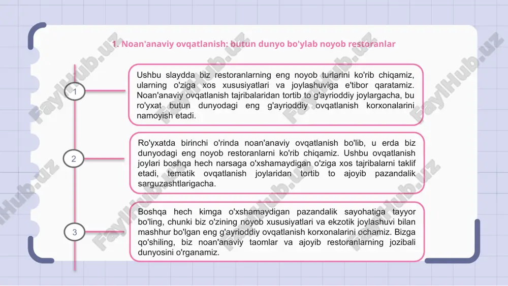 ovqatlanish tajribalarini o'rganamiz. 5. noyob mazali: g'ayrioddiy xususiyatlari va joylashuvi bilan ajralib turadigan restoranlar uniquely delicious - bu o'zining g'ayrioddiy xususiyatlari va joylashuvi bilan mashhur bo'lgan ajoyib restoranlarning to'plami. o'rmonda daraxt uyida ovqatlanishdan tortib, suv osti restoranlarigacha, bu muassasalar o'ziga xos ovqatlanish tajribasini taklif qiladi. ushbu ro'yxatdagi har bir restoran o'z kontseptsiyasi va dizaynida ijodkorlik va innovatsiyalarni aks ettiradi. mehmonlar hayratlanarli manzaralar bilan o'ralgan holda yoki ovqatlanish tajribasini oshiradigan noan'anaviy sharoitlarda gurme taomlardan zavqlanishlari mumkin. g‘orda, daraxt tepalarida yoki suv ostida ovqatlanish bo‘ladimi, bu ajoyib restoranlar an’anaviy ovqatlanish chegaralarini kengaytirib, mehmonlarga chinakam unutilmas pazandalik sarguzashtini taqdim etadi. 6. qiziqarli taomlar: noan’anaviy restoranlar va ularni qayerdan topish mumkin restoranlarning eng noyob turlari ro'yxati o'zining noan'anaviy ovqatlanish tajribasi va eklektik menyulari bilan mashhur bo'lgan g'alati taomlarni o'z ichiga oladi. bu g'ayrioddiy muassasalarni turli joylarda topish mumkin, ular o'ziga xos pazandalik sarguzashtlarini taklif qiladi. mavzuli dekoratsiyadan tortib, g'ayrioddiy menyu mahsulotlarigacha, g'alati ovqatlanish joylari …