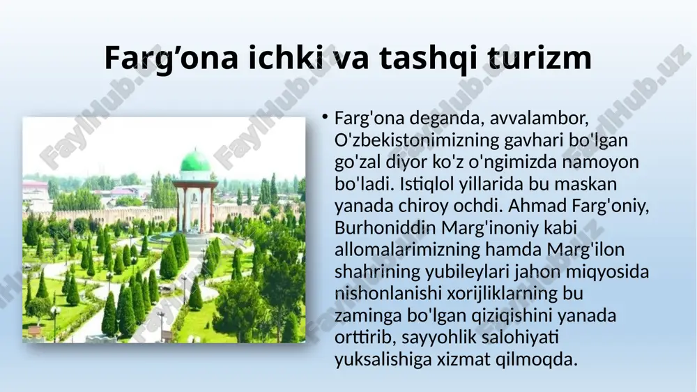 bormoqda. agar “ziyarah travel” mchj maʼlumotlariga qaraydigan bo‘lsak, bu jamiyat o‘tgan yilda faqat ziyorat maqsadlarida farg‘ona viloyatiga 4582 nafar sayyohlarni olib kelgan. bu jamiyat so‘nggi yillardagi pandemiya sababli xalqaro turizmdan ko‘ra ichki turizmga ko‘proq eʼtibor qarata boshladi. 2021 yil mobaynida ichki turizmni rivojlantirish maqsadida yangi marshrutlar ishlab chiqdi. “ayollar daftari”ga kirgan ayollar, maktab o‘quvchilari va talaba yoshlar uchun maxsus turpaketlar asosida farg‘ona vodiysi bo‘ylab sayohatlar tashkil etishni yo‘lga qo‘ydi. shuningdek, “oltin vodiy halqasi” bo‘ylab ham sayohatlar tashkil etildi. sayyohlik salohiyatini oshirish va turizm infratuzilmasini yanada rivojlantirish viloyatga ichki va tashqi turizm 2022 yilda bor yo‘g‘i 62 mingtani tashkil etib, shundan 11 mingga yaqini xorijiy sayyohlar tashrifidan iborat bo‘lsa, 2023 yilda bu ko‘rsatkich 401 mingtaga yetdi. turizmning yangi turlari: ekoturizm, agroturizm, etnoturizm, sport turizmi, qishloq turizmi va tibbiyot turizmi yo‘nalishiga muhim e’tibor qaratilyapti. xususan, farg‘ona tumanidagi vodil, avval hamda oltiariq tumanidagi qiziltepa qishloqlarini “turizm qishlog‘i”ga aylantirish borasida amaliy ishlar boshlangan. nega …
