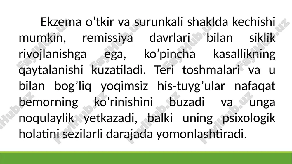 qa qismlariga o’tadi. mikrobli ekzema — mikrobli yoki zamburug’li infektsiya natijasida yallig’anish jarayonlari bo’lgan teri qismlarida paydo bo’ladi. kasallikning asosiy o’chog’i — yashil yoki sarg’ish tusli po’st hosil bo’ladigan jarohat, trofik yaralar va oqmalar bilan qoplangan teri sohasi. agar yara po’sti shikastlansa, qizil rangli nam yuza ochilib, toshma atrofga tarqalishi mumkin. ekzema sabablari ekzemaning endogen sabablari: hazm qilish buzilishlari (pankreatit meteorizm, disbakterioz, gepatit) va evakuatsiyalar (ich ketish, ich qotishi); buyrak disfunktsiyasi, nefrozlar; atopik kasalliklarga irsiy moyillik; angiovegetativ nevrozlar; neyroendokrin patologiyalar va boshqalar. ekzemaning ekzogen sabablari: neft mahsulotlari, kislotalar, spirtlar, fenollar va boshqa qo’zg’atuvchi xususiyatli agressiv va sintetik kimyoviy moddalar, allergenlarning teriga ta’sir qilishi; ultrabinafsha nur, haddan tashqari issiqlik va sovuqlik va boshqa iqlim o’zgarishlarining ta’siri; terining shikastlanishi, ayniqsa periferik asablarning; benzilpenitsellinlarga, novokainga va boshqa farmatsevtik preparatlarga allergik reaktsiya. /docprops/thumbnail.jpeg