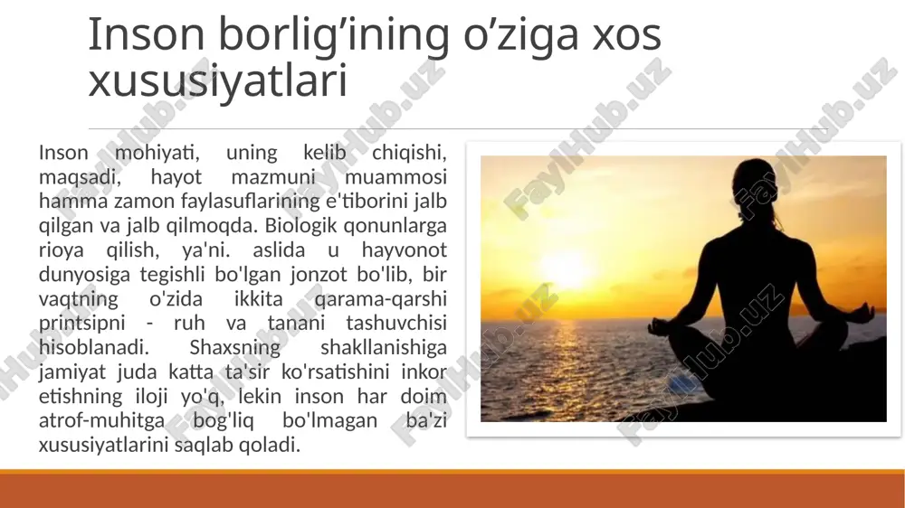b tushuntiradilar. bunday yondashuv ma'lum darajada to‘g‘ri. biroq inson bilan hayvonlar o‘rtasidagi bu farq ulardagi asosiy va muhim farqlardan faqat bittasidir, xolos. bunda boshqa muhim farqlarni ham hisobga olish zarur. masalan, ko‘pchilik mutafakkirlar va faylasuflar insonni hayvonlardan farq qildiruvchi muhim belgi – bu insonga xos til, nutq tili, degan fikrni ham bildirishgan. ong nima? ong – falsafaning sub'ektiv reallikni ifodalovchi g‘oyat keng kategoriyasidir; odamning, uning miyasi va psixikasining tashqi dunyoni ideal aks ettirishidir; insonning ma'naviy dunyosidir, o‘zining dunyoda borligini anglab etishidir; uning tashqi dunyoga munosabatidir. fan va falsafada ong muammosi fan va falsafada ong muammosi – bu, pirovardida, psixologik, fiziologik va sotsial holatlarning o‘zaro nisbati, munosabati masalasidir: agar inson aqli materiya evolyusiyasining natijasi bo‘lsa, fikr fikrlovchi materiyaning, inson bosh miyasining, miya katta yarim sharining oliy xossasidir. inson ongi til bilan uzviy bog‘liqdir. til fikrning moddiy ko‘rinishidir, shaklidir. odam fikrning mazmunini turli lisoniy tizimlar: og‘zaki nutqlar va yozma matnlar, hozirgi zamon …