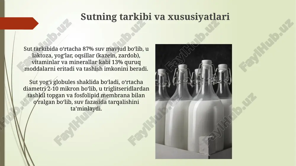 avomida fermentatsiya qiladi va 18-30°c haroratda saqlanadi. muzqaymoq ishlab chiqarish texnologiyasi muzqaymoq ishlab chiqarishda homogenlash muhim bosqich bo'lib, yog' globulalarini maydalab, ularning o'lchamini 2 mikrongacha kamaytiradi. bu muzqaymoqning teksturasini yaxshilab, muz kristallari hosil bo'lishini kamaytiradi. muzqaymoq aralashmasi pasterizatsiya jarayonidan o'tadi, odatda 72°c da 15-20 soniya davomida qizdiriladi. bu patogen mikroorganizmlarni yo'q qiladi va mahsulotning saqlash muddatini oshiradi. sut kukuni va quyultirilgan sut sut kukuni 4-5% namlikka ega bo'lib, purkash usuli bilan tayyorlanadi, bunda sut avval konsentratsiyalanadi, so'ngra issiq havoda purkalib, dehidratsiyalanadi va uzoq saqlash imkonini beradi. quyultirilgan sut tarkibida kamida 8,5% yog' va 26,5% qattiq sut moddalari bo'lishi kerak. u vakuumda past haroratda bug'latiladi, bu esa uning o'ziga xos shirin ta'mini ta'minlaydi. sut mahsulotlarining ozuqaviy qiymati sut mahsulotlari tarkibida 3.5% yog' mavjud bo'lib, bu yog'da a, d, e, k kabi yog'da eruvchi vitaminlar mavjud va ular organizmning normal ishlashi uchun muhimdir. sut tarkibida o'rtacha 3.4% oqsil mavjud bo'lib, bu oqsillar …