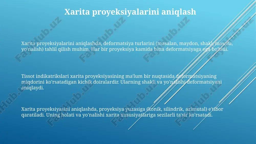 r va maydonlarni hisoblashda muhimdir. geodezik ma'lumotlar va transformatsiyalar transformatsiyalar ma'lumotlar to'plamlarini bir geodezik tizimdan boshqasiga o'tkazishni o'z ichiga oladi, masalan, bursa-wolf 7 parametrli transformatsiyasi yordamida, ma'lumotlarning muvofiqligini ta'minlaydi. geodezik ma'lumotlar koordinatalar tizimini aniqlaydi, masalan, wgs 84 yoki mahalliy tizimlar, joylashuvni aniq belgilash uchun ishlatiladi, bir necha santimetr aniqlikda ta'minlaydi. geodezik ma'lumotlarning aniqligi kartografik proektsiyalarning aniqligiga bevosita ta'sir qiladi; noto'g'ri ma'lumotlar 1:1000000 kabi katta masshtabli xaritalarda sezilarli buzilishlarga olib kelishi mumkin. dasturiy ta'minot yordamida aniqlash dasturiy ta'minot geodezik ma'lumotlarni qayta ishlash uchun ishlatiladi, masalan, 7 parametrli o'zgartirish, proektsiyalarni aniqlashda aniqlikni oshiradi, xatolarni minimallashtiradi. gis dasturlari avtomatik ravishda geografik koordinatalarni tahlil qiladi va eng mos kartografik proektsiyani 10 dan ortiq variantdan aniqlaydi, xususiyatlarni saqlab qoladi. murakkab algoritmlar bilan jihozlangan maxsus dasturiy ta'minot proektsiyani o'zgartirish imkonini beradi, masalan, utm dan lambert konformal konus proektsiyasiga 0.001 daraja aniqlikda. amaliy misollar va tadqiqotlar yer resurslarini baholash uchun kartografik proyeksiyalar geobotanik tadqiqotlarda o'simliklarning tarqalish maydonini …