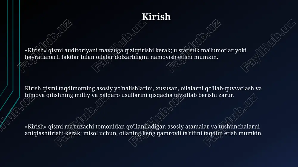 bu ularning manfaatlarini ustun qo'yishni anglatadi. oila kodeksi nikoh, ota-onalik huquqlari, aliment majburiyatlari kabi oilaviy munosabatlarni tartibga soladi, bolalarning farovonligini ta'minlaydi. “bolalar huquqlari kafolatlari to'g'risida”gi qonun (2008) bolalarning ta'lim, sog'liqni saqlash va ijtimoiy himoya huquqlarini mustahkamlaydi. oila siyosatida ilg'or xalqaro tajribalar fransiyaning “oilaviy koeffitsient” soliq tizimi oilaning daromadiga ko'ra soliq imtiyozlarini beradi. bu oilaning daromad solig'i yukini kamaytiradi. shvetsiyada ota-ona ta’tilining gender tengligiga yo’naltirilgani muhim. ota-onalarga 480 kunlik ta’til beriladi va ularning muayyan qismi faqat otalar uchun ajratilgan. kanadada bola parvarishi uchun subsidiya dasturlari mavjud. kam daromadli oilalar uchun bola parvarishi narxini kamaytirishga qaratilgan moliyaviy yordam ko'rsatiladi. xulosa va tavsiyalar oilalarni qo'llab-quvvatlash va himoya qilish siyosatini takomillashtirish uchun 5 ta asosiy yo'nalishni aniqlash, resurslarni samarali taqsimlash muhim ahamiyatga ega. tavsiyalarda oilalarning zaif qatlamlarini aniqlash mexanizmlarini kuchaytirish, shu jumladan ijtimoiy xizmatlar va 3 tomonlama shartnomalar tuzish zarur. milliy va xalqaro tajribani hisobga olgan holda, 2024-2030 yillarga mo'ljallangan kompleks dasturni ishlab chiqish …