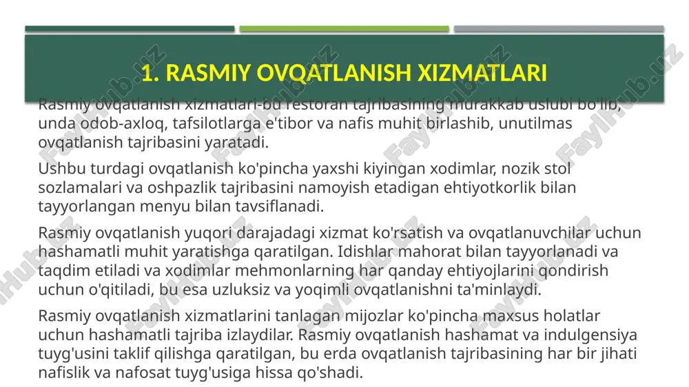 fida aylanadi. bu qo'llari-kuni yondashuv tez-tez o'z-o'zini xizmat bufet dan taomlar yoki lounge muhitda turli tarqalishi dan saylovlari qilish kabi elementlarni o'z ichiga oladi. xodimlar xizmat ko'rsatishni o'z zimmalariga oladigan an'anaviy ofitsiant xizmatidan farqli o'laroq, yordamchi xizmat ovqatlanuvchilarga oziq-ovqat tanlovi bilan shug'ullanish imkoniyatini beradi. bu norasmiy, ammo jozibali uslub bo'lib, u ovqatlanish tajribasini o'rganish va sozlashni rag'batlantiradi, bu tasodifiy sozlamalar va interaktiv, umumiy ovqatlanish qadrlanadigan tadbirlar uchun mashhur tanlovdir. bu erda mijozlar o'simlikka asoslangan alternativalar va muqobil protein variantlari kabi eksperimental oshxonalarni boshdan kechirishlari mumkin. bufet xizmati bufet ovqatlanish xizmatlari ovqatdan zavqlanish uchun o'z-o'ziga xizmat ko'rsatishni taklif qiladi. ushbu ovqatlanish uslubida uzun stollarda yoki peshtaxtalarda turli xil taomlar namoyish etiladi va mijozlar o'zlariga afzal ko'rgan taomlarga yordam berishlari mumkin. bufetlar aperitiflardan tortib asosiy taomlar va shirinliklargacha bo'lgan keng imkoniyatlarni taqdim etadi. ushbu sozlash moslashuvchanligi bilan mashhur, chunki ovqatlanuvchilar o'zlarining plitalarini sozlash va har bir taom taqdim etilishini kutmasdan turli xil …