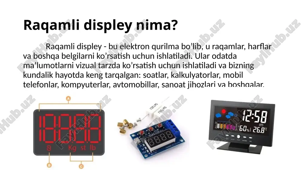 stroq rasm sifatiga ega. narxi: ba’zi displeylar, masalan oled displeylar, juda qimmat bo’lishi mumkin. raqamli displeyning kelajagi: yuqori pikselli displeylar: tezroq va aniqroq rasm hosil qilish uchun piksellar soni ortib bormoqda. flexibil displeylar: bukiladigan va bukilmaydigan displeylar rivojlanmoqda. energiya tejash: energiya iste’moli yanada pasaytiriladi. o’z-o’zini yoritadigan displeylar: tashqi yorug’lik manbai talab qilinmaydi. raqamli ko‘rsatkichlarga qo‘yiladigan talablar juda xilma-xil bo‘lib, ularning qo‘llanilish sohasi, aniqlik darajasi, ishlatilish sharoitlari va boshqa omillarga bog‘liq. biroq, umuman olganda, quyidagi talablar eng muhim hisoblanadi: 1. aniqlik va o‘qish qulayligi: aniqlik: aniqlik darajasi ko’rsatkichning asosiy vazifasiga bog’liq. masalan, soatda sekundni o’lchash uchun yuqori aniqlik talab etiladi, lekin transport vositasining tezligini ko’rsatuvchi qurilmada sekund aniqligi shunchalik muhim emas. o’qish qulayligi: ko’rsatkichdagi raqamlar va belgilarning kattaligi, shrifti va joylashuvi muhimdir. rang kombinatsiyasi ham o’qish qulayligiga ta’sir qiladi. masalan, qora fon ustida oq raqamlar yaxshi ko’rinadi, lekin oq fon ustida qora raqamlar o’qish qiyinroq bo’lishi mumkin. yorug’likning intensivligi ham muhim …