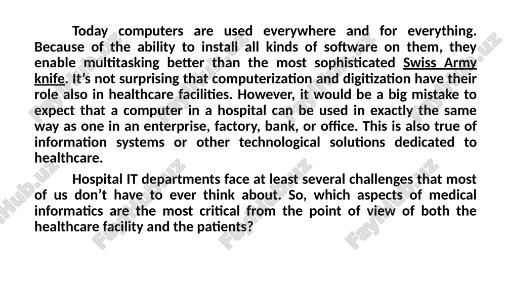 press. the role of it departments is to choose such a solution, a database or a standard of data transmission, that will provide employees and patients with quick and efficient access to the necessary information. computer hardware and software – any physical device or equipment used in or with a computer system (anything you can see and touch) external hardware – any hardware device that is located outside the computer. – a piece of hardware device which is used to enter information to a computer for processing. examples: keyboard, mouse, trackpad (or touchpad), touchscreen, joystick, microphone, light pen, webcam, speech input, etc. computer software basics computer software software– a set of instructions or programs that tells a computer what to do or how to perform a specific task (computer software runs on hardware). main types of software – systems software and application software. application software - a computer program that …