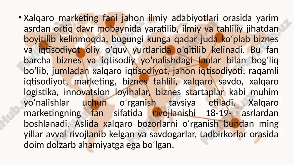 'sish sur'atlari uchun u o'tgan asrning iqtisodiy hodisasi sifatida tan olingan va kelgusi asrda uning yorqin kelajagi bashorat qilingan. jahon sayyohlik tashkiloti (jst) prognoziga ko‘ra, xxi asrda turizm industriyasining o‘sishi qaytarib bo‘lmaydigan darajada bo‘ldi va 2020-yildan xalqaro turistik tashriflar soni 1,6 mlrddan oshib ketdi. turizm marketingi turizm biznesidagi marketing turistik xizmatlarga bo'lgan talabni maqsadli boshqarish uchun turistik firma tomonidan qo'llaniladigan o'zaro bog'liq vositalar tizimidir. foyda keltirishi mumkin bo'lgan xizmatlarning xilma-xilligi cheksizdir va turistik kompaniyaning tasavvuriga va korxonasiga bog'liq. sayyohlik kompaniyasi uchun o'z bozorini miqdoriy jihatdan tasavvur qilish ham muhimdir, chunki busiz sotish hajmi va potentsial foydani baholash qiyin bo'ladi. turizm marketingi - bu taklif etilayotgan xizmatlarni bozorda talab qilinadigan xizmatlar bilan uzluksiz muvofiqlashtirish va sayyohlik agentligi o'zi uchun foydali va raqobatchilarga qaraganda samaraliroq taklif qila oladi. turistik xizmatlarning o'ziga xos xususiyatlari quyidagilardan iborat: 1. xizmatlarning nomoddiyligi. xizmatlar nomoddiy, ya'ni ular faqat ularni taqdim etish va iste'mol qilish jarayonida mavjud bo'ladi. …