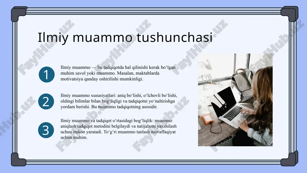 ilmiy muammo muhim rol o'ynaydi. u yangi bilimlar va innovatsiyalar uchun asos bo'lib, ilmiy jarayonlarni yo'naltiradi. ilmiy muammo va kelajak istiqbollari bog'liq bo'lib, muammoning aniqligi va dolzarbligi kelajakda yangi yo'nalishlar va metodlarni rivojlantirishga yordam beradi. bu, ayniqsa, ijtimoiy va texnologik sohalarda muhimdir. ilmiy muammo aniq belgilangan bo'lishi, tadqiqotning rivojlanishini ta'minlaydi. kelajakdagi tadqiqotlar muammoning echimlariga va nazariy-ameliy yondashuvlarning shakllanishiga asos bo'ladi. muammoni aniqlash jarayoni muammoni aniqlash muhim bosqich bo‘lib, tadqiqotning muvaffaqiyati uchun asosiy qadamdir. bu jarayon muammoning asosiy sabablarini aniqlash va uning dolzarbligini belgilashga yordam beradi. muammoni aniqlashda tahlil qilish, so‘rovnomalar, intervyular, statistik ma'lumotlar va ekspert fikrlari kabi metodlar qo‘llaniladi. cause-effect diagrammalari va swot tahlili kabi vositalar muhim rol o‘ynaydi. 1 2 muammoni formulalash jarayoni muammoni formulalashning maqsadi, muammoning jihatlari va dolzarbligini aniqlashdir. bu jarayon muammoning muhimligini tushunishga yordam beradi. muammoni formulalashda aniqlik, o'lchovlilik, nazariy va amaliy ahamiyat, resurslar, kenglik va chuqurlik kabi jihatlar e'tiborga olinadi. bu muhim qadamdir. usullar sifatida …