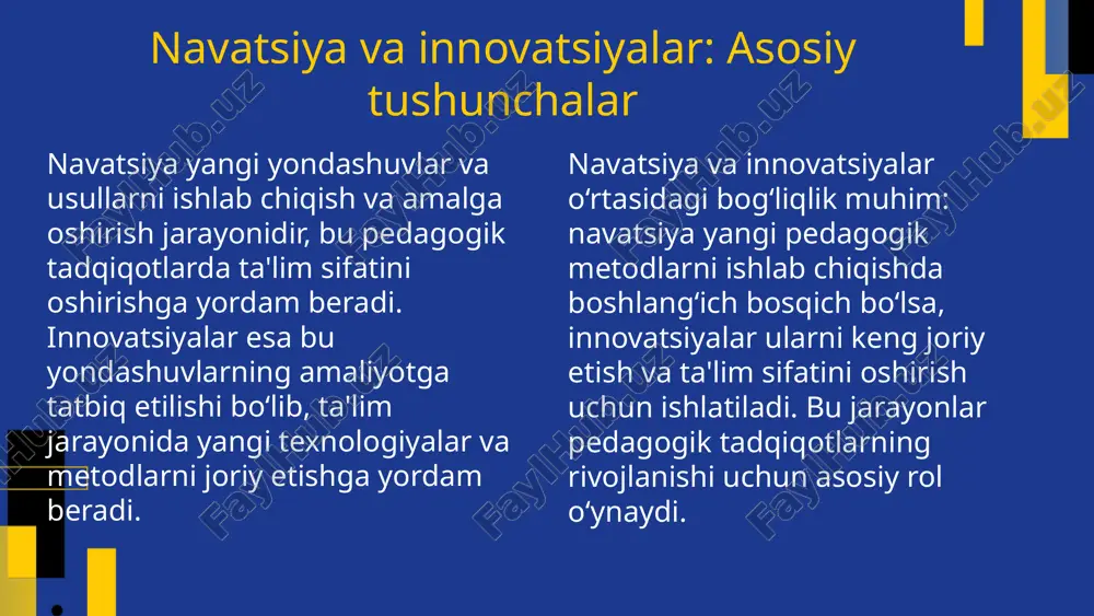 i o'zlashtirish uchun doimiy ta'lim va treninglar tashkil etilishi zarur. innovatsiyalarni baholash va rivojlantirish innovatsiyalarni baholash usullari: sifatli va miqdoriy metodlar, masalan, swot, pest tahlili va pilot loyihalar. rivojlantirish uchun zarur bo'lgan ko'rsatkichlar: samaradorlik, kengaytirish imkoniyatlari, iqtisodiy va pedagogik ta'sir. baholashda foydalaniladigan metodologiyalar: xarajat-foyda tahlili, indikatorlar analizi, va tahliliy modellardan foydalanish. bu yondashuvlar innovatsiyalarni samarali baholash va rivojlantirishga yordam beradi. innovatsiyalarni amaliyotga joriy etishning kelajagi innovatsiyalarni amaliyotga joriy etish istiqbollari texnologik rivojlanish va ta'lim siyosatidagi o'zgarishlarga bog'liq. keng qamrovli strategiyalar, raqamli texnologiyalar va pedagogik yondashuvlar orqali innovatsiyalarni kengroq joriy etish mumkin bo'ladi. yangi yondashuvlar ta'lim tizimida individuallashtirilgan va interaktiv metodlarni rivojlantirishga qaratilgan. masalan, sun'iy intellekt asosidagi ta'lim platformalari va virtual laboratoriyalar yordamida o'quv jarayonini optimallashtirish mumkin. innovatsiyalarni joriy etish ijtimoiy va iqtisodiy ta'sirlarni ham o'z ichiga oladi. bu jarayonda yangi ish o'rinlari yaratiladi, ta'lim sifatini oshirish va iqtisodiy rivojlanishga hissa qo'shadi, shuningdek, jamiyatda yangi fikrlar va texnologiyalarni qabul qilishni tezlashtiradi. …