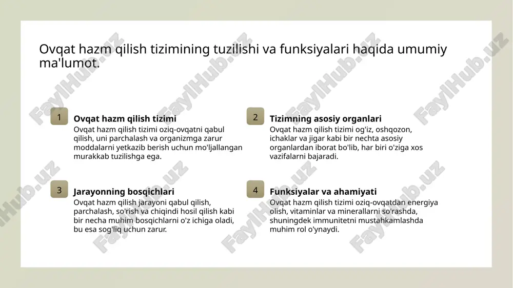 ovqatlanish, muntazam jismoniy faoliyat va stressni kamaytirish muhim hisoblanadi. oziq-ovqatni to'g'ri tanlash zarur. 3 tibbiy maslahat gastrointestinal kasalliklar belgilari paydo bo'lganda, shifokor bilan maslahatlashish zarur. tezkor va to'g'ri tashxis davolash jarayonini tezlashtiradi. oziqlanishning ovqat hazm qilish tizimidagi roli va ahamiyati. oziq-ovqat turlari oziqlanish va mikroflora oziqlanish va kasalliklar oziq-ovqatning turli xil turlari ovqat hazm qilish tizimining sog'liqni saqlashida muhim rol o'ynaydi. masalan, to'yimli meva va sabzavotlar hazm qilishni yaxshilaydi. oziqlanish mikroflorani muvozanatda saqlashda muhimdir. yog'siz proteinlar va tolalar, yaxshi bakteriyalarni qo'llab-quvvatlaydi va ichak sog'ligini oshiradi. sog'lom oziqlanish ovqat hazm qilish kasalliklarining oldini oladi. yomon ovqatlanish, qorin og'rig'i, qattiqlik va boshqa muammolarga olib kelishi mumkin. sog'liqni saqlashda to'g'ri ovqatlanishning ta'siri. oziq-ovqatning ahamiyati xastaliklar bilan kurash energiya va kuch to'g'ri ovqatlanish sog'liqni saqlashda muhim rol o'ynaydi, inson organizmiga zarur vitaminlar, mineral va oziq moddalari yetkazib beradi. sog'lom ovqatlanish gastrointestinal kasalliklar xavfini kamaytiradi, oshqozon va ichak muammolarini oldini olishda yordam beradi va umumiy …