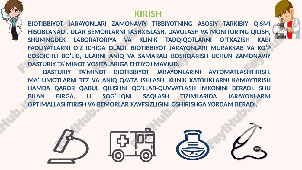 iy bemorlarni kuzatish va onlayn maslahat berish imkonini beradi. 9.mhealth (mobile health applications) – mobil ilovalar orqali bemorlarni monitoring qilish va dori qabul qilishni eslatish. 10.bioinformatics tools – genetik va biometrik ma’lumotlarni tahlil qilish dasturlari. lorem ipsum dolor sit amet, consectetur adipiscing elit. etiam vitae tellus risus. sed fringilla commodo tellus, rutrum lacinia dui scelerisque in. vestibulum velit velit, condimentum quis ante pretium, bibendum fermentum neque. pellentesque viverra volutpat neque quis dapibus. sed in elit justo biotibbiyot jarayoni ilmiy tavsifi dasturiy tizimlar (misol) klinik tashxis bemorning sog‘liq holatini baholash, simptom va test natijalariga asoslangan tashxis qo‘yish jarayoni emr, ehr, cdss davolash rejalari individual davolash strategiyasini ishlab chiqish va bemor monitoringini nazorat qilish cdss, emr laboratoriya tahlillari biologik materiallarni standart protokollarga muvofiq tahlil qilish, natijalarni avtomatlashtirilgan tarzda qayta ishlash lis, bioinformatics tools diagnostika jarayoni radiologik va boshqa diagnostik tadqiqotlar orqali patologik o‘zgarishlarni aniqlash pacs, ris monitoring va kuzatish bemor sog‘liq holatini …