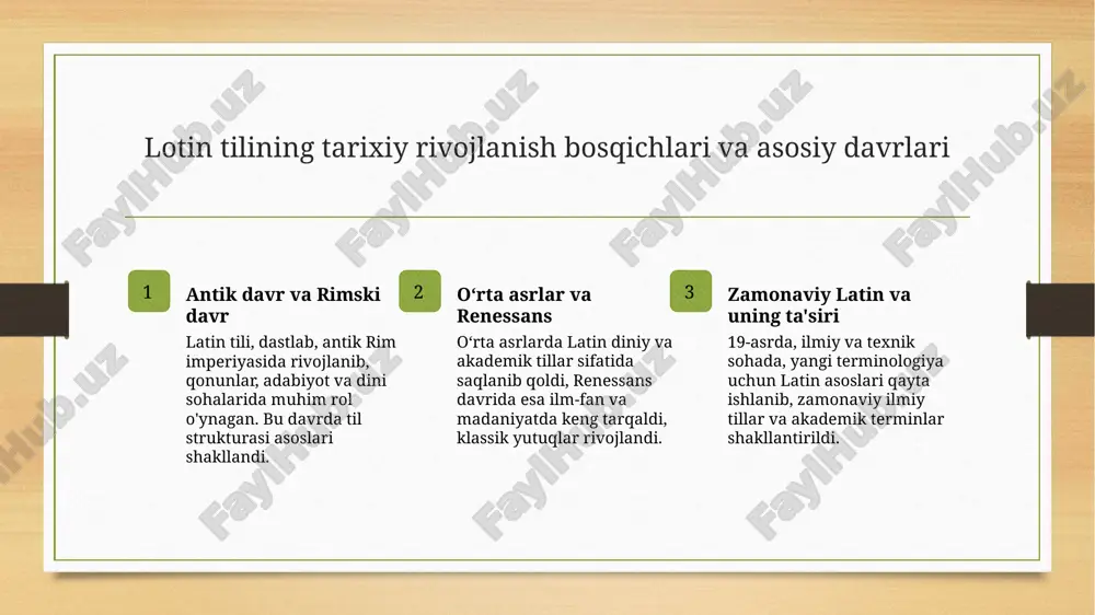 tish va xalqaro ilmiy hamkorliklarni kengaytirishga yordam beradi, bu esa ilmiy taraqqiyotga turtki bo'ladi. 3 global ta'sirlar - dunyo miqyosida, ayniqsa, biologiya, tibbiyot va texnologiya sohalarida, lotin tilidan foydalanish yurtlararo muloqot va bilim almashishni osonlashtiradi, hamda o'zbekistonning xalqaro maydonda o'z o'rnini mustahkamlashga yordam beradi. zamonaviy dunyoda lotin tilining qo’llanilishi va uning global ahamiyati 1 globally tarqalishi lotin tili zamonaviy dunyoda ilm-fan, tibb va texnologiya sohalarida keng tarqalgan va xalqaro aloqalarda asosiy hamkorlik tilidir. 2 akademik va ilmiy soha lotin tili ko‘plab xalqaro ilmiy nashrlar, qidiruvlar va universitetlarning asosiy akademik terminologiyasini tashkil etadi, ilmiy hamkorlikni rivojlantiradi. 3 dasturlash va texnologiya kompyuter dasturlari, kodlash va texnologik platformalarda lotin alfobosi keng qo‘llaniladi, global texnologik rivojlanishda muhim rol o‘ynaydi. 4 madaniy va tashqi aloqalar lotin tili xalqaro madaniyat, san'at va diplomatiyada madaniyatlararo tushunishni oshiradi, dunyo madaniyatining ajralmas qismi sifatida xizmat qiladi. o’zbekiston va ilm-fanda lotin tili: akademik terminologiyada yangi imkoniyatlar 1 akademik terminologiya rivoji …