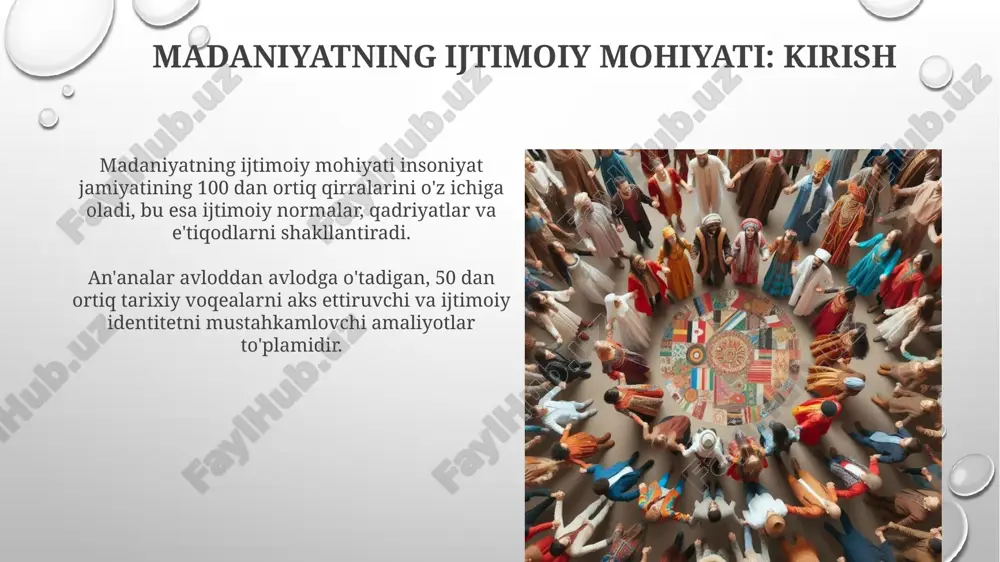 m vosita bo'lib xizmat qiladi. madaniyatning ijtimoiy o'zgarishlarga ta'siri madaniyat, texnologik taraqqiyot tufayli 20-asrda jamiyatning modernizatsiyasiga turtki berdi va ijtimoiy tuzilmalarning 40% ga o'zgarish kiritdi. globalizatsiya 1990-yillardan boshlab madaniy integratsiyani tezlashtirdi, bu esa milliy o'ziga xoslikning 30% ga zaiflashishiga olib keldi. traditsiyalar va urflarning evolyutsiyasi traditsiyalar va urf-odatlar dastlab kichik guruhlarda paydo bo'lib, vaqt o'tishi bilan jamiyatning katta qismiga tarqalgan. bu tarqalish jarayoni 100 yildan ortiq vaqtni olishi mumkin. ba'zi urf-odatlar diniy e'tiqodlar ta'sirida shakllangan. masalan, ramazon oyi davomida ro'za tutish, vii asrda islom dinining paydo bo'lishi bilan bog'liq. madaniyatlararo munosabatlar va ijtimoiy o'zgarishlar madaniyatlararo munosabatlar 20-asrning oxirida globallashuv tufayli tezlashdi, bu esa ijtimoiy tuzilmalarda sezilarli o'zgarishlarga olib keldi va milliy chegaralar ahamiyatini kamaytirdi. ijtimoiy o'zgarishlar, ayniqsa, axborot texnologiyalari rivojlanishi bilan bog'liq, madaniyatlarning bir-biriga ta'siri orqali 30% gacha yangi ijtimoiy me'yorlar paydo bo'lishiga sabab bo'ladi. globalizatsiya va mahalliy madaniyat globalizatsiya mahalliy madaniyatni o'zgartirishi mumkin, lekin 70% hollarda madaniyatlar o'ziga xosligini …