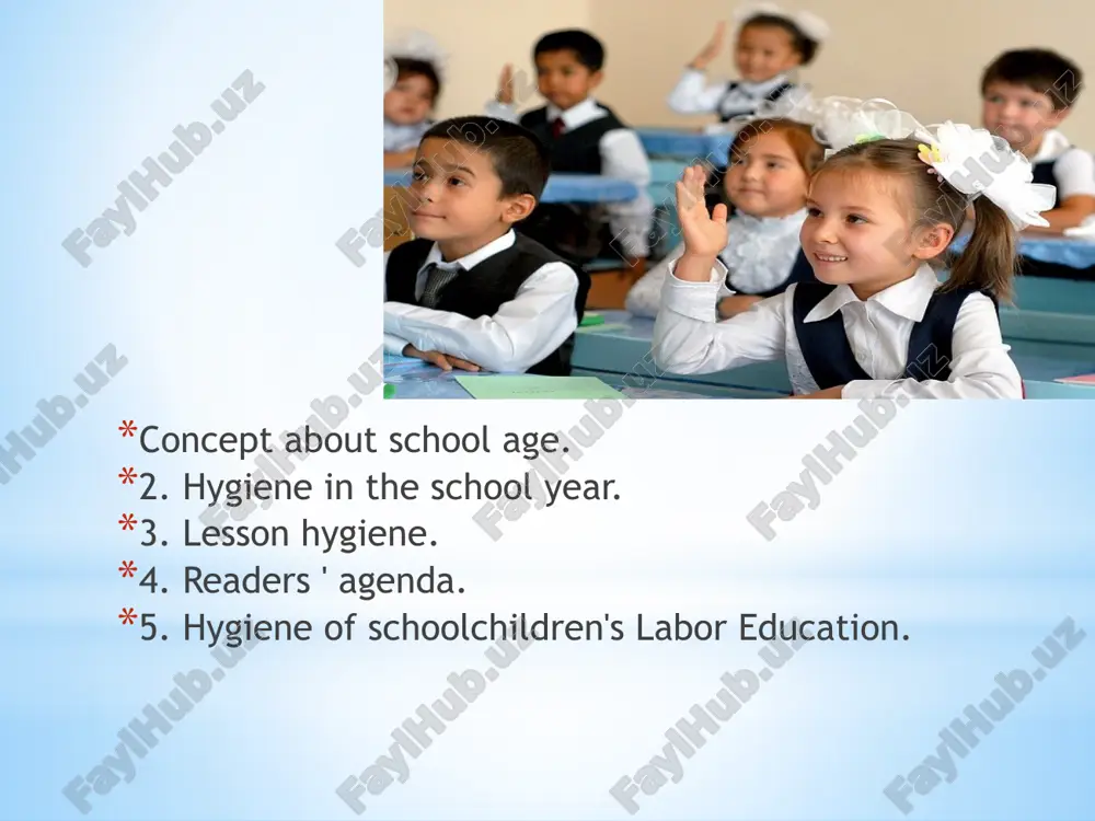 educational workshops. these labor classes can last up to 90 minutes. every 20 minutes it is necessary to replace the type of labor. the tools used in school workshops should be suitable for the age, height of the pupils. students should change the position of the gavda during work, weight should fall evenly to the right and left area of the gavda, wear a robe, an apron. it is necessary to teach the students the rules of safety, the workshops are well lit and ventilated, which must necessarily include hot water, umival, soap and towels. in the pharmacy it is necessary to have iodine, novadil alcohol, valerian, drinking soda, vaseline, doka, bandage, binding package. google perevodchik o’quv muassasalari binosini rejalashtirish va unga qo’yiladigan gigienik talablar modern school buildings are in the form of blocks or sections, in which study rooms are to be built as alokida even for groups of …