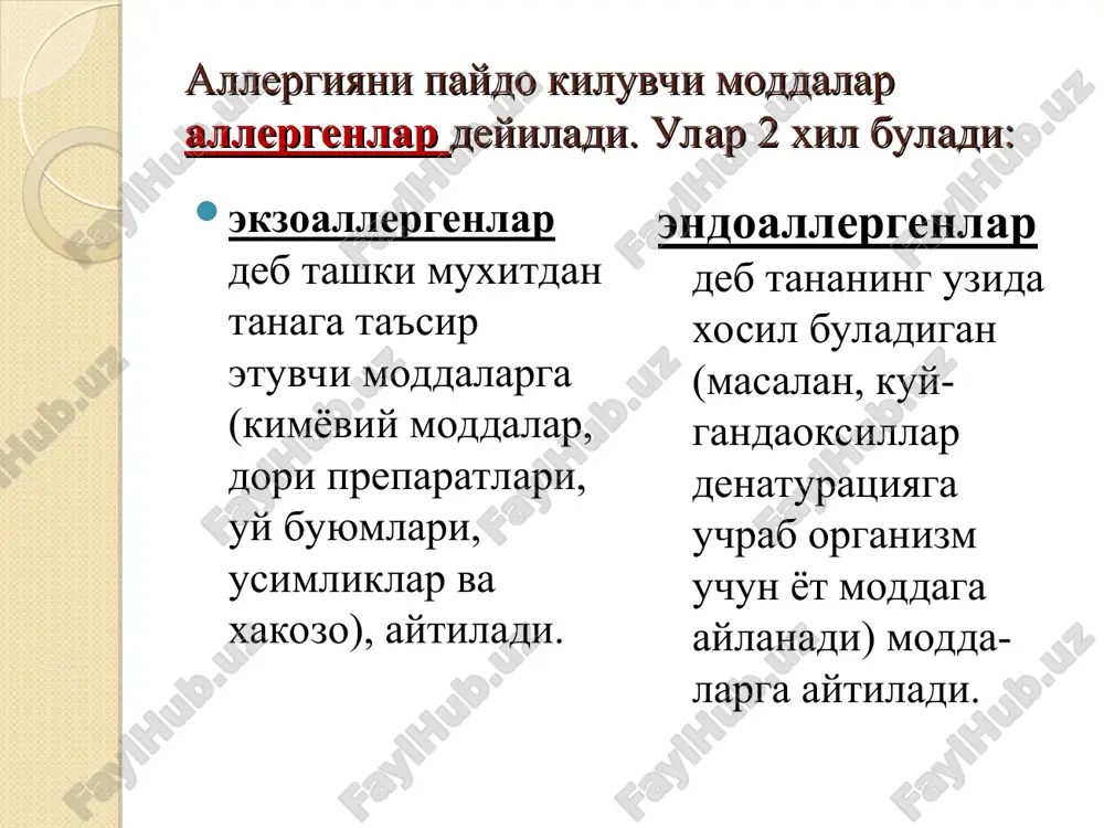 gistamin saklaydi. shu sababdan kondagi gistaminga karshi antitana ishlab chikarilishini ta'minlaydi va allergik uzgarishlarni kamaytiradi. gistoglobulin ampulalarda (3 ml) chikariladi va in'ektsiya kilinadi. 3.erlix xujayralaridan gistaminni ajralishini tusadigan preparatlar. kromolin-natriy- kapsulalarda poroshok 0,02g chikariladi. maxsus turboingulyator yordamida ingalyatsiya uchun. ketotifen -kapsula va tebletkada 0,001g dan ichish uchun chikariladi. kromolin-natriy ingalyatsiya-xavo yullari bilan yuborishga muljal-langan bulib, asosan bronxial astma xurujini oldini olish maksadida kul-lanadi. immunomodulyatorlar immun tizim faoliyatiga ta'sir etib, uni uzgar-tiradigan preparatlarga immunomodulyatorlar deyiladi. immunomodulyatorlar immunostimulyatorlar-timalin, t-aktivin, timoptin, timaktid, mielopid, timogen, immunofan, natriy nukleinat, ribomunil, levamizol, prodigiozan, pirogenal immunodepressantlar(immunosupressorlar) azatiopirin, batriden, tsiklosporin, antilimfolin-kr, krizanol, auranofin. immunostimulyatorlar- deb, immunologik jarayonlarga ta'sir etib, tananing yukumli xasta-likka chidamliligini oshiradigan preparatlarga aytiladi. dekaris asosan gijja xaydovchi ta'sirga ega bulib, uning immunostimullovchi xususiyati keyinchalik aniklangan. dekaris makrofag va t-limfotsitlar faolligini oshiradi. preparat xujayra immunitetiga ijobiy ta'sir kursatadi, uning faoliyatini tiklaydi. dekaris immunogenez zaiflashganda, ayrim surunkali yukumli xastaliklarda, revmatik poliartritda, rak kasalligida ishlatiladi. tabletka xolida 0, …