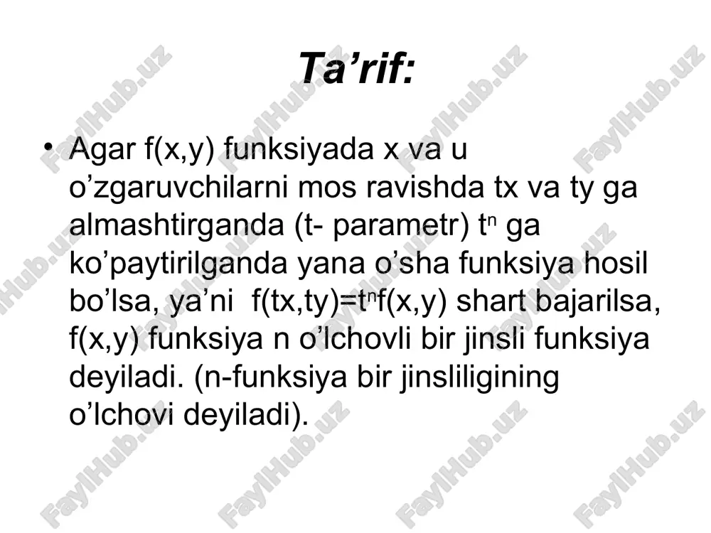 lda bo‘ladi. bundan: (3) ekanligi kelib chiqadi. radioaktiv moddaning massasi ikki marta kamayadigan vaqt oralig‘i t radioaktiv moddaning yarim yemirilish davri deyiladi. agar bizga t ma’lum bo‘lsa, k ni topish mumkin. haqiqatan, t= t da (3)dan ni olamiz. bundan k ning topilgan qiymatini (3) ga qo‘ysak, u quyidagi ko'rinishni oladi: _ masalan, radiy uchun t ≈ 1550 yil. shunga ko‘ra million yildan keyin radiyning boshlang‘ich massasidan qoladi. ko‘pgina amaliy masalalar davriy jarayonlarni o‘rganishga keladi. masalan, niatematik mayatnik yoki torning harakati, o‘zgaruvchan tok, magnit maydon bilan bog'liq bo‘lgan jarayonlar. bunday jarayonlar garmonik tebranishlar deyiladi. garmonik tebranishlar (5) differensial tenglamani yechishga keltiriladi, bu yerda — berilgan musbat son. bu tenglamaning yechimlari (6) ko‘rinishdagi funksiyalardan iborat, a va o‘zgarmas sonlar masalaning shartlari bo‘yicha aniqlanadi. masalan, agar y(t) erkin tebranayotgan tor nuqtasining t momentdagi muvozanat holatidan chetlanishi bo‘isa, u holda y(t) = acos( t + ) bo‘ladi, bu yerda a — tebranish amplitudasi, — …