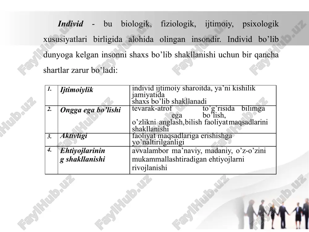 davri - 8 yoshdan 12 yoshgacha. 13 yasharlik inqiroz. 6.pubertat (jinsiy yetilish) davri - 14 yoshdan 18 yoshgacha. 17 yasharlik inqiroz. amerikalik psixolog e.erikson nazariyasiga ko’ra shaxs rivojlanishida ma’lum bosqichlarni albatta bosib o’tishini ta’kidlab, ularni hayotiy psixologik krizis tarzda ta’riflab bergan: 1.tashabbuskorlilikni namoyon bo’lishi - gunohkorlik, aybdorlik hissiga qarama - qarshi (taxminan 3 yoshdan – 6 yoshgacha). 2.mehnatsevarlik - yetishmovchilik kompleksiga qarama - qarshi (7 yoshdan – 12 yoshgacha). 3.o’z shaxsini aniqlash - konforizmga qarama - qarshi (12 yoshdan – 18 yoshgacha). 4.samimiylikka, muloqotga intilish - shaxsiy psixologik chetlashishga qarama - qarshi (taxminan 20 yoshlarda). 5.yangi avlodni tarbiyalashdagi g’amxo’rlik - «o’z - o’ziga sho’ng’ib ketishga» qarama - qarshi (30 va 60 yoshlar orasida). 6.yashab o’tgan hayotidan mamnun bo’lish - umidsizlikka qarama - qarshi (60 yoshdan so’ng). to’liq shakllangan shaxs quyidagicha ifodalanadi: to’liqligicha- odam har xil sharoitlarda o’zini boshqarishi iyerarxik- odam o’zning biologik talablarini boshqarishi +aktiv hayotiy o’rni image2.png image3.png image4.png …