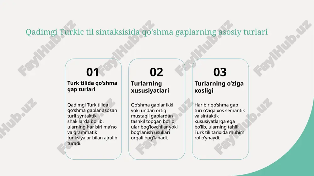 , vaqt o'tishi bilan yangi shakllar va bog‘lanish usullari yuzaga kelgan. qadimgi turkic muloqot va yozma manbalarda qo'shma gaplarning roli va ahamiyati 1 muloqotdagi roli qadimgi turk tili muloqot jarayonlarida qo'shma gaplar orqali fikrlarni aniq va tushunarli yetkazishga yordam bergan, bu esa muloqotni samarali qilgan. 2 yozma manbalarda ahamiyati yozma tarixiy manbalarda qo'shma gaplar yozuvning rivojlanishi va aniq ifodalanishi uchun muhim bo'lib, tilning rivojlanishini ta'minlagan. 3 tilning rivojlanishiga ta'siri qo'shma gaplar turk tilining tarixiy rivojlanishida muhim rol o'ynagan, ular orqali murakkab fikrlar va tahlillar yozma va og'zaki shaklda ifodalangan. qadimgi turkic tilida qo'shma gaplarning syntaktik bog'lanish turlari qo'shma gap turlari bog'lovchilar yordamida shartli va ketma-ket bog'lanishlar qadimgi turkic tilida qo'shma gaplar turli usullar bilan bog'lanadi, ular orasida bog'lovchilar, shartli va ketma-ket bog'lanishlar keng qo'llaniladi. bog'lovchilar, masalan, "va", "yuq" kabi so'zlar, gaplarni ma'nosiga ko'ra bog'lab, mantiqiy va semantik bog'liqlikni ta'minlaydi. bu usullar yordamida gaplar o'rtasida shartlar yoki vaqt ketma-ketligi ifodalanadi, bu …