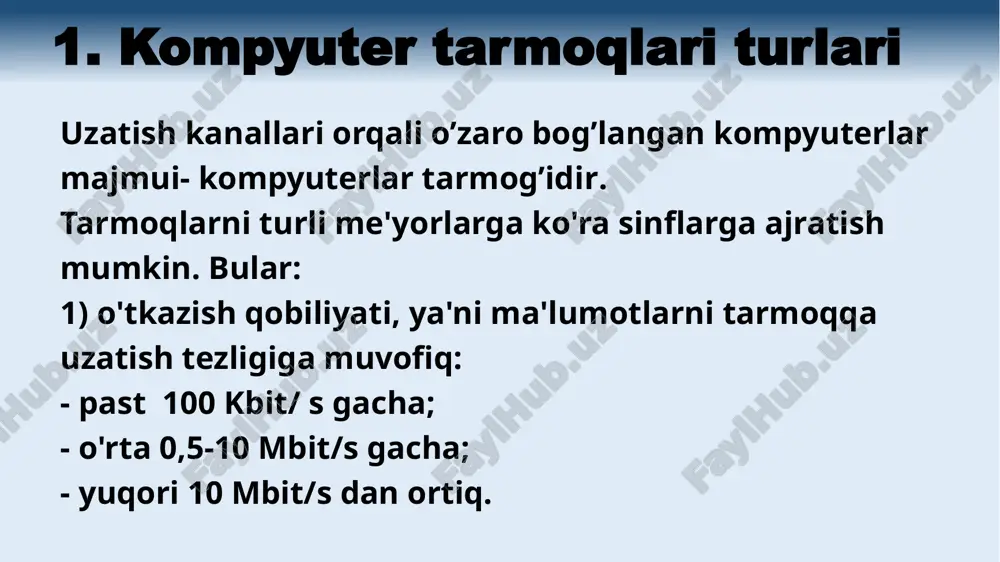 - shina topologiyaga mansub. 9 aylana (doira) topologiya - tarmoq uzellarining yopiq egri (uzatish o’rtasidagi) kabel bilan birlashuvini xosil qiladi. uzatish (peredatchik) va qabul qilish (priyomnik) o’rtasidagi xar bir oralik uzel yuborgan xabarni retranslyatsiya qiladi. qabul qiluvchi uzel faqat o’ziga yuborilgan ma’lumotnigina aniqlaydi va qabul qiladi. 10 shinali topologiya - eng oddiy turlardan biri. u uzatish vositasi sifatida koaksial kabeldan foydalanish bilan bog’liq. ma’lumotlar tarmoq uzatish uzelidan shina bo’yicha xar ikki tomonga tarqaladi. oraliq uzellar kelayotgan axborotlarni translyatsiya qilmaydi. axborot barcha uzellarga kelib tushadi, lekin kimga jo’natilgan bo’lsa, faqat ushagina qabul qila oladi. xizmat ko’rsatish tartibi parallel. 11 yulduzsimon topologiya markaziy uzel kontseptsiyasiga asoslanadi. unga sirtqi uzellar ulanadi. har bir sirtqi (periferiya) uzel markaziy uzel bilan aloxida o’z aloqa tarmog’iga ega. barcha ma’lumotlar markaziy uzel orqali uzatiladi. markaziy uzel tarmoqdagi axborot okimini retranslyatsiya qiladi va yo’lga soladi. 12 13 global tarmoq internet nima? internet inter – «aro» net, network – …