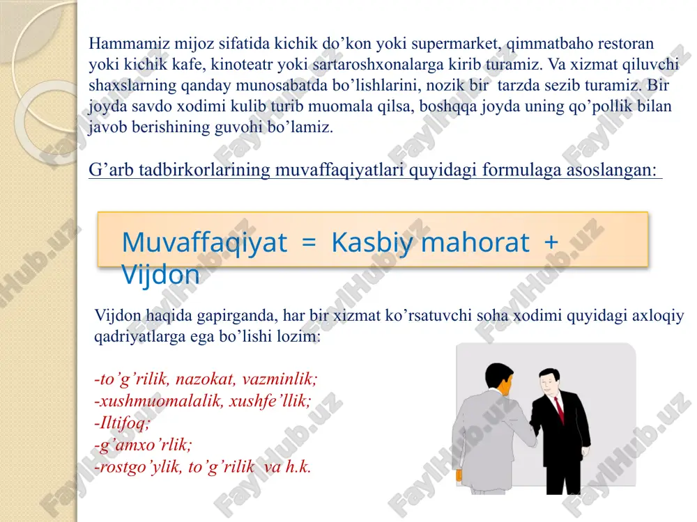 muhim tomonidir. ko’p tadbirkorlarimiz chet ellik firmalar bilan ishbilarmonlik etiketini yaxshi bilmaganlari tufayli aloqa o’rnata olmaydilar. ishbilarmonlik munosabatlari amaliyotida har doim qandaydir standart vaziyatlarda uchraydi, ulardan qutilib chiqib ketish juda mushkuldir. bu vaziyatlar uchun xulq usullari va shakllari ishlab chiqiladi. qoidalar majmuasi esa ishbilarmonlik etiketini yaratadi. madaniyatli tadbirkor- vazirni ham, kompania prezidentini ham, odddiy farroshni ham bir xil ravishda hurmat qilishi shart. bu samimiy hurmat inson tabiatining asosiy qismiga aylanishi kerak. axloqiy xulq asosida quyidagi axloqiy baho yotish kerak: ishbilarmon hamkor-yaxshi odam. ishbilarmonlik etiketi mijozlar bilan bo’lgan muloqotda maxsus xulqni talab qiladi. mijozlarga ko’rsatilayotgan har qanday xizmat turidan xulqqa oid kasbiy nozik alomatlar bor. eng muhim tamoyil: mijoz-ofisning eng qadrdon va kutilgan mehmonidir. ishbilarmonlik doirasida obro’-e’tibor katta ahamiyatga ega. yaxshi obro’ qozonish juda qiyin, lekin uni yo’qotish juda ham oson. obro’ qozonishda hamma narsa muhim: nutq madaniyati, kiyinish, xulq-atvor, ofis interyeri va h.k. bundan har bir o’zini hurmat qiladigan kompaniya …
