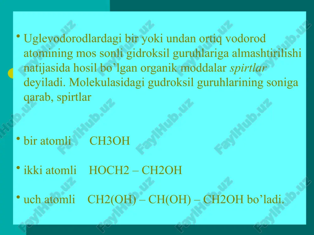 h + hbr → c2h5br + h2o etil bromid b) c2h5oh + pcl5 → c2h5cl + pocl3 + hcl 4. spitrlarga suv tortib oluvchi moddalar yoki katalizatorlar ta’sir ettirilganda, reaksiya sharoitiga qarab turli organik moddalar hosil bo’ladi. a) spirtlar mo’l miqdordagi konsentrlangan sulfat kislota bilan qizdirilganda ular degidratlanib, to’yinmagan uglevodorodlar hosil bo’ladi: ch3 – ch2oh → h2c = ch2 + h2o 1. etilenning gidratlanishi 3. kraxmalning gidrolizi va hosil bo‘lgan glyukozani bijg‘itish 2. qand moddalarini bijg‘itish 4. kletchatkaning gidrolizi va hosil bo‘lgan glyukozani bijg‘itish e t a n o l spirtlarning sanoatda olinishi 1 10 9 8 7 6 2 3 4 5 sn2=sn-sn=sn2 1-sirka kislota olishda; 2-dorilar; 3-meva suvlari; 4-atir va odekolonlar; 5-butadien va 6-butadien stirol kauchuk; 7-dvigatellarga yoqilg‘i; 8-buyoqlar, laklar va polituralar; 9-erituvchilar; 10-tutunsiz porox olishda. 1 10 9 8 7 6 2 3 4 5 sn2=sn-sn=sn2 1-sirka kislota olishda; 2-dorilar; 3-meva suvlari; 4-atir va odekolonlar; 5-butadien va …
