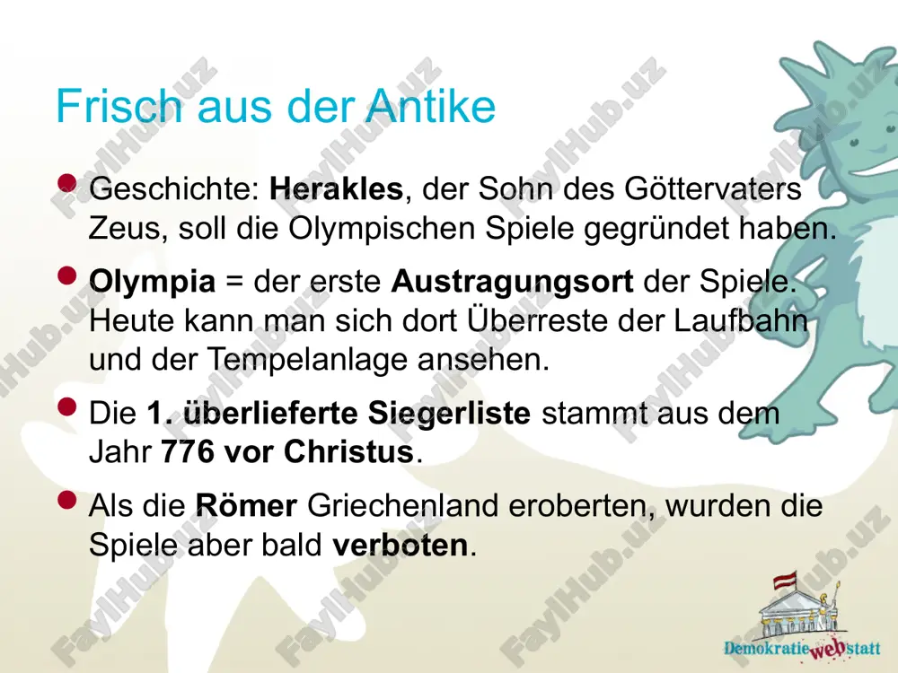 grunge es musste ein zusätzliches maßband zu hilfe genommen werden. fair play – play fair! fair play! friedlich & fair, so soll der olympische wettstreit zwischen sportlerinnen aller nationen sein! aber: frauen durften ursprünglich an den spielen nicht teilnehmen. erst im laufe der zeit haben frauen immer mehr sportarten für sich erobert. 2012 werden frauen erstmals im boxkampf gegeneinander antreten. frauen müssen noch immer um ihre teilnahme kämpfen: saudi arabien hat beispielsweise für frauen die teilnahme in london 2012 verboten. was ist doping? sportlerinnen verwenden verbotene mittel, um ihre leistung zu steigern. doping kann den sportlerinnen schaden. seit den 1960er jahren ist doping verboten und wird streng bestraft. doping ist unfair! macht mit! für einen fairen wettstreit sind klare regeln notwendig! entwickelt in der kleingruppe euer eigenes spiel: welchen namen hat es? legt die spielregeln fest! ihr dürft dafür verwenden: 1 schnur 2 bälle so viele sessel, wie ihr benötigt …