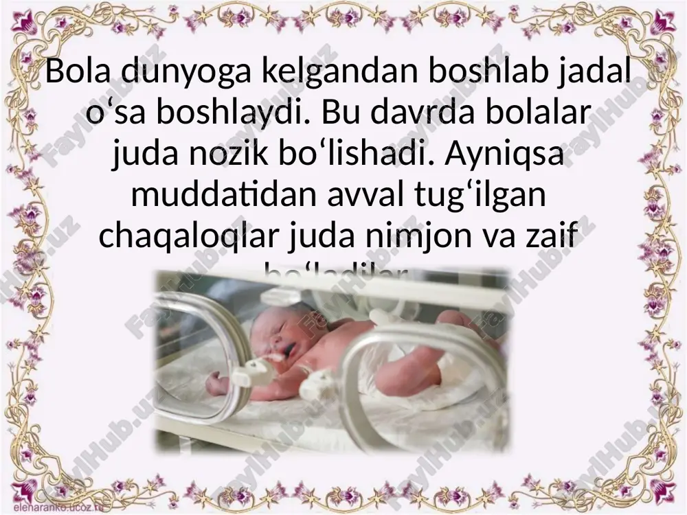 sh qobiliyati va mushaklar tonusi past, reflekslar kuchsiz yoki umuman yo‘q, qo‘l va oyoqlarning tortilib turishi, ko‘z olmasining tortilib qolishi va g‘ilaylik ham kuzatilishi mumkin. embrionlik davrda shakllanadigan eng asosiy refleks – so‘rish refleksi, chala tug‘ilgan bolalarda saqlangan, ammo kuchsiz bo‘ladi. muddatidan juda erta tug‘ilgan chaqaloqlarda esa so‘rish refleksi bo‘lmasligi ham mumkin. bunday bolalarda so‘rish refleksini rag‘batlantirish uchun maxsus chora tadbirlar o‘tkaziladi. bunda og‘iz atrofi mushaklarini massaj qilish va maxsus so‘rish uchun shisha idishchalardan foydalaniladi. bundan tashqari, chala tug‘ilgan bolalarda termoregulyatsiya funksiyasi ham to‘la yetilmagan bo‘ladi: ular issiqlikni oson ajratishadi, ammo o‘zlarida hosil qilish va ushlab turishga qiynalishadi. ularning ter ajratish bezlari funksiya bajara olmaydi va buning oqibatida bolalar qizib ketaverishadi. shuni inobatga olib, chala tug‘ilgan bolalar maksimal darajada qulay sharoitda parvarish qilinadi, ular qizib ketishlari va sovuq qotmasliklari zarur. shu kabi qulay sharoit neonotologiya bo‘limlaridagi maxsus belanchaklarda bo‘lib, u yerda doimo bir xil harorat saqlanib turadi (36 gradus). chala …