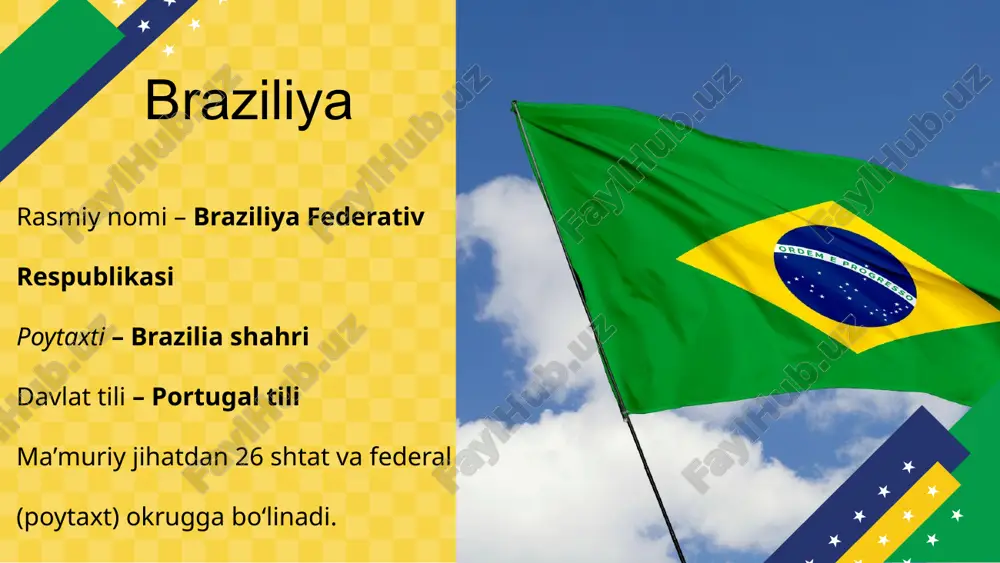 lar va sudraluvchilarni, shuningdek, ming yillar davomida bu yerda yashagan amazon hindularini oziqlantiradi. atlantika okeani boʻylab bir qancha togʻ tizmalari joylashgan boʻlib, braziliyaning eng baland togʻi piko da neblina dengiz sathidan 3014 m balandlikda ko‘tarilgan. eng yirik daryolar parana bo'lib, iguasu daryosining katta irmog‘ida ta‘sirchan iguazu sharsharasi joylashgan; shuningdek, rio-negro, san-fransisko, xingu, madeyra, tapajos va, albatta, amazonka, dunyodagi eng suvli daryo (eng katta havzaga ega) va ba‘zi ekspertlar tomonidan dunyodagi eng uzun daryo deb hisoblangan. amazon daryosi perudagi and tog'laridan daryolar va janubiy amerika orqali 6439 km uzunlikda oqadi. atlantika okeaniga quyiladi. braziliya daryoning yarmini egallaydi. bu mamlakatning eng muhim suv yo'li bo'lib, yirik kemalar hatto okeandan 1600 km uzoqlikda joylashgan manaus shahriga ham yetib boradi. daryo har yili toshib, dalalarni loy bilan oziqlantiradi. braziliya iqlimi qanday? braziliyaning ekvatorial iqlimi mintaqaviy oʻzgarishlar bilan tavsiflanadi. amazon tekisliklari yarim nam iqlimga ega, yillik oʻrtacha yogʻin miqdori 4000 mm, oylik oʻrtacha harorati 25—28 …