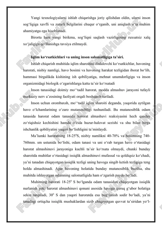 ati 18-250 s bo‘lganda odam tanasidan chiqayotgan issiqlik nurlanish yoki harorat almashinuvi qonuni asosida havoga quruq g‘ubor holatiga sekin tarqaladi, 300 s dan yuqori haroratda esa bug‘lanish sodir bo‘ladi, ya’ni tanadagi ortiqcha issiqlik mushaklardan sizib chiqayotgan quvvat ta’siridan yo‘l-yo‘lakay to‘qimalardagi tuz eritmalarini yuvib, teri sirtida ter shaklida paydo bo‘ladi. muhitning harorati oshgan sari tananing issiqlik uzatish qobiliyati susayib boradi, bug‘lanish jarayoni esa to‘xtovsiz ortib boradi, natijada organizm tez holsizlana boshlaydi. agar havodagi nisbiy namlik 80 foizdan ortib ketsa tanadan ajralib chiqayotgan terning bug‘lanishi qiyinlashadi va natijada tana bilan muhit o‘rtasidagi harorat almashuvi buziladi. agar havo harakati tezligi oshib ketsa tana bilan havo o‘rtasidagi harorat tafovuti keskin orta boradi, shu sababdan organizm tez soviy boshlaydi, va natijada shamollash bilan bog‘liq xastaliklar kelib chiqadi. ishlab chiqarish mikroiqlimining gigienik me’yorlari. ishlab chiqarish mikroiqlimi me’yorlari mehnat xavfsizligi. standartlari tizimi “ishlab chiqarish xonalari mikroiqlimini sanitar-gigienik normativlari ish mintaqalari mikroiqlimi” (o‘zr sanqvan № 0324-16) ga asosan …