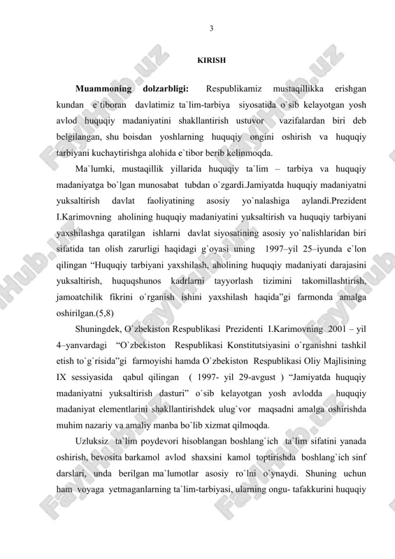 y etilishi yuqoridagi holatlarni kamaytirish, ularga o`z haq-huquqlarini va burchlarini o`rgatishdan iborat edi.(4,17) voyaga yetmaganlar jinoyatchiligini kamaytirishda jinoyat qonuni me`yorlarining o`rni juda katta ahamiyatga ega. zotan, amaldagi o`zrjkda voyaga yetmaganlar javobgarligining alohida bo`lim va boblarga ajratilishi bejiz emas. bu, avvalo, ushbu normalarning mohiyatini, jinoyat uchun qo`llaniladigan sanksiyalar orqali ogohlantirishdan iboratdir. shu bois, maktab, akademik litsey, kasb-hunar kolleji, oliy o`quv yurtlari, mahalla va oila hamkorligida ish olib borsa,maktab va o`quv yurtlarida jinoyatchilikka qarshi da`vat etuvchi tadbirlar yanada ko`proq tashkil qilinsa, maqsadga muvofiq bo`lar edi.(10,12) bizning mamlakatimizda voyaga yetmaganlar o`rtasida huquq- buzarliklarning oldini olish, bu yo`nalishda huquqiy targ`ibot-tashviqot, ma`naviy-mafkuraviy tarbiya ishlarini samarali olib borish bo`yicha muayyan ishlar olib borilyapti. bunda vazirlar mahkamasi tomonidan 2000 - yil qabul qilingan «voyaga yetmaganlar bo`yicha komissiyalar faoliyatini takomillashtirish to`g`risida»gi qaror muhim ahamiyat kasb etmoqda. hozirgi vaqtda mamlakatimizda o`z tarkibida mahalla, xotin-qizlar, ma`naviyat va yoshlar tashkilotlari vakillari, katta hayot tajribasiga ega bo`lgan keksalar, pedagoglar, ziyolilar, huquq-tartibot, hokimiyat …