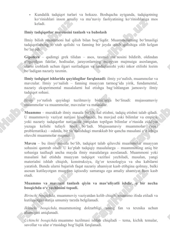 a mexanizmlar), jarayonlar (texnologik, energetik, agrotexnik, elektromagnit, moddiy materiallar elementlari va h.k.lar) kiradi inson hayot faoliyatining barcha sohalarida tadqiqot qiladi. ijodkorlik namoyon bo‘lishining turli-tumanligini turli asoslariga ko‘ra turkumlash mumkin. ijodning turli ko‘rinishlari mavjud: · ishlab chiqarish – texnikaviy; · ixtirochilik; · ilmiy; · siyosiy; · tashkilotchilik; · falsafiy; · badiiy; · mifologik; · diniy; · kundalik tadqiqot turlari va hokazo. boshqacha aytganda, tadqiqotning ko‘rinishlari inson amaliy va maʼnaviy faoliyatining ko‘rinishlariga mos keladi. ilmiy tadqiqotlar mavzusini tanlash va baholash ilmiy bilish muammoni hal qilish bilan bog‘liqdir. muammolarning bo‘lmasligi tadqiqotlarning to‘xtab qolishi va fanning bir joyda qotib qolishiga olib kelgan bo‘lar edi. gipoteza – qadimgi grek tilidan – asos, taxmin maʼnosini bildirib, oldindan o‘rganilgan faktlar, hodisalar, jarayonlarning muayyan majmuiga asoslangan, ularni izohlash uchun ilgari suriladigan va tasdiqlanishi yoki inkor etilishi lozim bo‘ladigan nazariy taxmin. ilmiy tadqiqot ishlarida quyidagilar farqlanadi: ilmiy yo‘nalish, muammolar va mavzular. ilmiy yo‘nalish – fanning muayyan tarmog‘ida yirik, fundamental, …