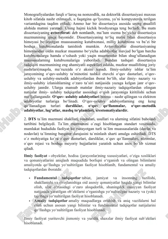 l qilish ko‘nikmasiga ega bo‘lishni talab etadigan bir yoki bir qancha manbalarni o‘zida mujassam etadigan g‘oyalarning qisqacha yozma ko‘rinishdagi taqdimotidir. ilmiy ma’ruza konferensiya, simpozium, seminarlarga taqdim etiladigan ilmiy asardir. ilmiy ma’ruzada tadqiqotchi tomonidan olib borilgan izlanishlar natijasida asoslangan ilmiy-nazariy xulosalar, kashf etilgan ilmiy yangiliklar, tajriba-sinov natijalari bayon etiladi. odatda, u o‘qiladigan og‘zaki variant va olimlarning mazkur uchrashuvi materiallarini o‘z ichiga olgan maxsus to‘plamda nashr etiladigan yozma variantga ega. ko‘p hollarda to‘plamlarga ilmiy ma’ruzaning tezisi beriladi, ma’ruzaning o‘zi esa slaydlar to‘plamidan iborat bo‘ladi. risola hajmi bo‘yicha u kichik kitob va yirik maqola o‘rtasidagi asar bo‘lib, u alohida nashr ko‘rinishida chop etiladi. risola keng ommaga mo‘ljallangani uchun ilmiy ommabop asarlar sirasiga kiradi, shuning uchun unda murakkab ilmiy tushunchalar, terminlar kamroq qo‘llanadi. monografiya hajmi bo‘yicha eng yirik hisoblanadigan ilmiy-tadqiqiy asar bo‘lib, bir muallif yoki tadqiqotchilar guruhi tomonidan biron-bir muammoni fundamental tarzda tadqiq etilishi jarayonining natijasidir. u alohida kitob tarzida nashr etiladi. monografik turdagi …