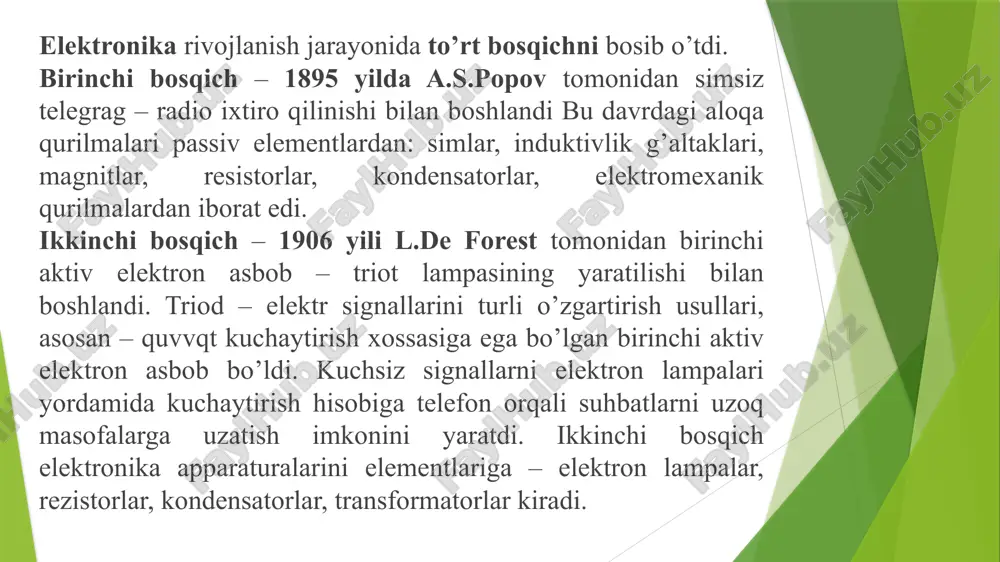 malar yaratishdan iborat. elektronika yutuqdari radiotexnika taraqqiyoti, tranzistorlar, uzatuvchi televizion trubkalar yaratilishi bilan uzviy bogʻliq. olimlar j.k.maksvem, o.u.richardson, t.a.edison, t.gers, gʻ.v.rentgen, j.tomson, x.k.lorentslar 20-asr boshida elektronikaning fan sifatida shakllanishiga asos boʻldi. rus olimlari a.g.stoletov, a.bonch bruyevich, n.g.basov, a.m.proxorov, s.v.vavilov, a.a.chernishev va boshqalar, amerika olimlari ch.tauns, l.de forest, z.varvan, r.varman, r.kompfner va boshqalar bu fan taraqqiyotiga muhim hissa qoʻshishdi. elektronika 3 boʻlim: fizik elektronika, texnik elektronika va elektronika texnologiyasi boʻlimlaridan iborat. fizik elektronika vakuumda, elektromagnit maydonlar va boshqalar har xil muhitlarda atom zarralari, ionlar va neytral atomlarning harakati va ular bilan bogʻliq boʻlgan fizik qonuniyatlarni, elektron va ion asboblar, qurilmalarni yasash, elektron asbob va qurilmalar yordamida elektromagnit energiyasini olish, uzatish va qoʻllanish prinsiplarini, atom zarralari oqimlarini, ionlar, kvantlar, elektromagnit maydonning moddalarga taʼsirini nazariy va amaliy oʻrganish bilan shugʻullanadi; elektron emissiya, ionlashish, energetik sathlar, yarimoʻtkazgichlarda tunnel effekti, elektron oqimlarni fokuslash kabi hodisalarni oʻrganadi. texnik elektronikada elektron va ion asboblar, qurilmalar va tizimlarni …