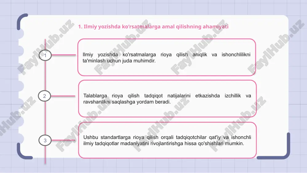 i topish uchun ma'lumotlar bazalari, kutubxonalar va onlayn resurslardan foydalanishni o'z ichiga oladi. yana bir maslahat - adabiyotni tanqidiy tahlil qilish va baholash. manbalarning ishonchliligi va ishonchliligini baholash, shuningdek, sizning maqolangiz hissa qo'shishi mumkin bo'lgan mavjud tadqiqotlardagi kamchiliklarni aniqlash muhimdir. 8. ilmiy maqola yozishda yo'l qo'ymaslik kerak bo'lgan keng tarqalgan xatolar ilmiy maqolalarni yozishda ishonchlilikni saqlab qolish uchun keng tarqalgan xatolardan qochish juda muhimdir. imlo xatolari, grammatik xatolar va noto'g'ri iqtiboslar ish sifatiga putur etkazishi mumkin. yana bir keng tarqalgan xato - bu akademik dunyoda jiddiy oqibatlarga olib keladigan plagiat. har doim manbalarni to'g'ri keltirganingizga ishonch hosil qiling va kerakli joyda kredit bering. bundan tashqari, formatlash bo'yicha ko'rsatmalarga rioya qilmaslik yoki tuzatishni e'tiborsiz qoldirish qog'ozingizning professionalligini buzishi mumkin. tafsilotlarga e'tibor - ilmiy maqola yozishda muhim ahamiyatga ega. 9. ilmiy ishlarda ma’lumotlarni tashkil qilish va taqdim etish strategiyalari ilmiy maqolalarni yozishda ma'lumotlarni tartibga solish va taqdim etish bo'yicha aniq strategiyalarga ega …