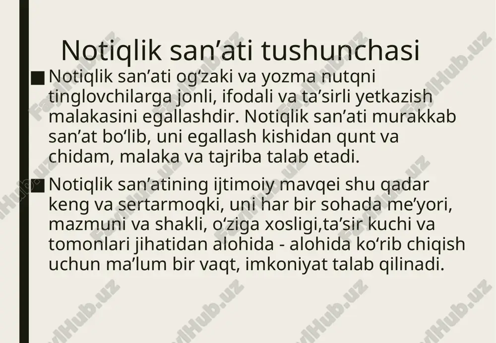 n ilgari iii - ii asrlarda yashab o‘tgan davlat arboblaridan mark partius kato yoki katondir. katon notiq sifatida nutq san’ati nazariyasi va amaliyoti masalalari bilan maxsus shug‘ullangan. sitseron keyinchalik rimda aka-uka tiberiy va kay grakx, mark antoniy, mark tulliy sitseron kabi taniqli qator notiqlar yetishib chiqadiki, bular ichida eng buyuk va so‘zamoli notiq sitseron edi. sitseron va demosfen qadimgi notiqlarning eng buyuklari edi. demosfen ko‘proq o‘zining siyosiy notiqligi bilan shuhrat topgan bo‘lsa, sitseron sud notiqligi bilan tanildi. albatta, sitseron nutqlari siyosiy jihatdan ham kuchli edi. rimda, umuman, siyosiy tomonni chetlab o‘tgan birorta ham yaxshi notiq bo‘lmagan. sitseron timsolida notiqlik san’atining nazariyasi hayot tajribasi va nazariyasi bilan muvaffaqiyatli ravishda qo‘shib olib borildi. u notiqlik san’ati nazariyasining ayrim tomonlarini ishlab chiqibgina qolmay, o‘z notiqlik chiqishlari bilan buni tajribada isbot etdi. sitseronning notiqlarga talabi. notiqning o‘ziga ishonchi mustahkam bo‘lishi kerak. buning uchun esa notiq o‘z nutqida olg‘a suriladigan fikrga to‘la ishonch hosil qilishi …