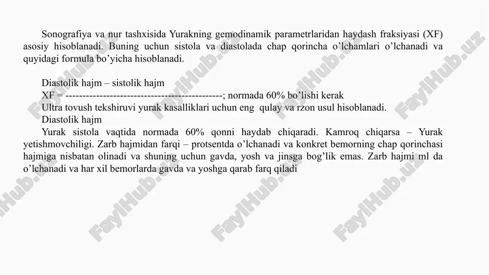 ziyasini (konstrast bilan) ko’ks oraligi anatomiyasini (eng yaxshi usul) rentgen kontrast tekshiruvlar. angiografiya (koronarografiya, aortografiya, ventrikulografiya, angiopulmonografiya) yurak kameralari, qon tomirlarni seldinger uslubi bo’yicha kateterizatsiya orqali o’tkaziladi. bu usul invaziv bo’lib diagnostik tekshiruvlarni oxirida kilinadi va kup holatlarda «oltin standart» usuli deb hisoblanadi. qon tomir kasalliklari, patologik oqimlarni (shunt, regurgitatsiya) tasdiqlovchi usullardan biri. qo’llanilishi: operatsiyadan oldin, tug’ma poroklar, murakkab differensial diagnostik holatlar (atipik poroklar, qo’shilgan poroklar), yurak ishemik kasalligi, rentgenendovaskulyar davolash muolajalari (ballon dilatatsiya, stentlash, komissurotomiya va x.k.). perikard kasalliklari. perikardda suyuqlik yigilishini tasvirlash uchun sonografiya va kt yaxshi. oddiy rentgenografiyada yurak soyasi o’zgarish uchun ~ 500 ml suyuqlik kerak. sonografiyada qo’shimcha suyuqlik aspiratsiyasini (perikardiotsentez) nazorat kilish mumkin. mrt perikardial suyayo’qlik diagnostikasida kam qo’llaniladi kimmatligi tufayli. surunkali perikarditda – perikard kallinlashadi va oxaklashadi. bu o’zgarishlarni tasvirlashda kt boshka usullarga karaganda ustun turadi. kalsinatlar oddiy rentgenografiyada ham yaxshi ko’rinadi. sonografiyada tashxis qiyinchilik tug’dirishi mumkin, ayniqsa perikardda suyuqlik bo’lmaganda. e’tiboringiz uchun raxmat …