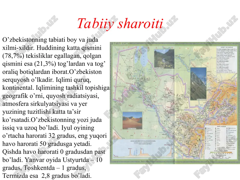 ko’mir konlari topilgan (shargun, boysun konlari), ular kokslanuvchi ko’mir turiga kiradi. o’zbekistonda ko’plab neft qazib chiqariladi. dastlabki neft konlari farg’ona vodiysida 1904 yilda topilgan (chimyon koni). keyinchalik bu yerda polvontosh, so’x, janubiy olamushuk, andijon va boshqa konlar ochildi. mustaqillik yillarida esa (1992) namangan viloyatida mingbuloq neft koni topildi. aholisi va mehnat resurslari o’zbekiston respublikasi ko’p millatli mamlakatlardan biri bo’lib, 120 dan ortig’ millat va elatlar bu yerda istiqomat qiladi. jami aholisi 31,4 mlin kishini tashkil qiladi. aholi soni bo’yicha markaziy osiyo davlatlari orasida birinchi o’rinda turadi (mdh davlatlar orasida 3 urinda turadi). respublikada markaziy osiyo aholisining 44 % istiqomat qiladi. mamlakat aholisi tez ortib bormoqda. uning ko’payishi asosan tabiiy o’sish hisrobiga ruy bermoqda. respublika aholisi har yili o’rtacha 450-500 ming kishiga ko’paymoqda. aholining ko’pchiligini o’zbeklar tashkil qiladi (80 %). ulardan tashqari qozoqlar, tojiklar, qoraqalpoqlar, qirg’izlar, turkmanlar, ruslar, ukrainlar va boshqalar istiqomat qilishadi. o’zbekistonda urbanizatsiya darajasi yuqori ko’rsatkichga ega, yahni jami …