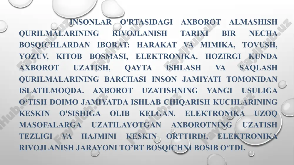 ilinar edi. integral mikrosxemalar xuddi shunday element baza talablariga javob berdi. to‘rtinchi bosqich integral mikrosxemalar (ims) asosida qurilma va tizimlar yaratish bilan boshlandi va mikroelektronika davri deb ataladi. mikroelektronikaning birinchi mahsulotlari - integral mikrosxemalar 60-yillar so‘ngida paydo bo‘ldi. hozirgi kunda imsiar uch xil konstruktiv-texnologik usullarda yaratiladi: qalin pardali va yupqa pardali gibrid integral mikrosxemalar (gis) va yarimo‘tkazgichli integral mikrosxemalar. integral mikrosxemalar radio elektron apparaturalarda elementlararo ulanishlarni ta’minlash bilan birgalikda, ularning kichik o‘lchamlarini, energiya ta’minotini, massa va material hajmini ta’minlaydilar. ko‘p sonli chiqishlar va korpuslarning yo'qligi radio elektron apparaturalaning hajmi va massasini kichraytiradi. elektronika fizika va texnologiya kabi ilmiy sohalar chorrahasida tug'ilgan. agar uni tor ma'noda ko'rib chiqsak, u elektronlar va elektromagnit maydonning o'zaro ta'sirini o'rganish, shuningdek, ushbu bilimlarga asoslangan qurilmalarni yaratish bilan shug'ullanadi, deyishimiz mumkin. bu qurilmalar nima va bugungi kunda elektronika fani qanday rivojlanmoqda? sakrash bugun axborot texnologiyalari asri. biz tashqaridan oladigan barcha ma'lumotlar oqimi qayta ishlanishi, saqlanishi va …
