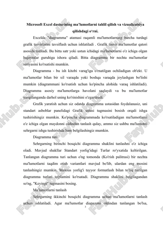 r yorlig'i); • koordinata o'qlarini ko'rsatish va etiketlash (axes yorlig'i); • koordinata o'qlariga parallel bo'lgan chiziqlar to'rini ko'rsatish (grid lines yorlig'i); • tuzilgan grafiklarning tavsifi (legend yorlig'i); • grafikdagi alohida ma'lumotlar elementlariga mos keladigan teglarni ko'rsatish (ma'lumotlar teglari yorlig'i); • grafikni tuzishda foydalanilgan ma'lumotlarni jadval ko'rinishida taqdim etish (data table yorlig'i). grafik turiga qarab, ro'yxatdagi ba'zi yorliqlar mavjud bo'lmasligi mumkin. diagramma joylashtirish sehrgarning oxirgi bosqichida (keyingi tugmasini bosgandan so'ng) siz diagrammani joylashtirish uchun yangi ish varag'idan yoki mavjudlaridan birini ishlatishni tanlaysiz. odatda, bu tanlov faqat diagrammani o'z ichiga olgan hujjatni keyingi chop etish uchun muhimdir. finish tugmasini bosgandan so'ng, diagramma avtomatik ravishda yaratiladi va belgilangan ish varag'iga kiritiladi. diagrammani tahrirlash tayyor jadvalni o'zgartirish mumkin. u alohida elementlar to'plamidan, masalan, grafiklarning o'zi (ma'lumotlar seriyasi), koordinata o'qlari, diagramma sarlavhasi, uchastka maydoni va boshqalardan iborat. grafik elementini bosganingizda, u markerlar bilan ajratib ko'rsatiladi va sichqoncha ko'rsatkichini uning ustiga olib borganingizda, u asboblar maslahati …