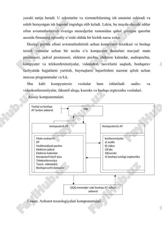 tiq bilan shug’ullansin. mb ga kunlik sotuvlar, yangi tovarlar haqida ma’lumotlar kelib tushadi. ep orqali vayutalarning kurslari, qimmatbaho qog’ozlarning kotirovkalari kelib tushadi. mb dan ma’lumotlar turli xil programmalarda (matn prostessori, jadval prostessori, elektron pochta, elektron kalendar, audiopochta, kompyuter va telekonferenstiyalar, videotekst, tasvirlarni saqlash, boshqaruv faoliyatida hujjatlarni yuritish, buyruqlarni bajarilishini nazorat qilish uchun maxsus programmalar va h.k.) qayta ishlash uchun kompyuterga kelib tushadi. natijalar menedjerlarga yoki boshqa at larga uzatilishi mumkin. qqqqq at ex lar (qqqqqat). (qaror qabul qilishni qo’llab-quvvatlovchi) xarakteristikasi va vazifasi. qqqqq at ex lar o’tgan asrning 60-70-yillarida amaerikalik olimlarning harakati tufayli aqsh da vujudga keldi.unga shk larning, standart amaliy dasturlarning ko’p tarqalganligi va sun’iy intellekt sohasidagi muvaffaqiyatlar sabab bo’ldi. qqqqq at ex larning eng muhim tomoni shundaki, ularda inson va kompyuterning butunlay yangi muloqat tarzi amalga oshiriladi. muloqot asosida xodimning qqq i iterativ jarayon asosida ro’y beradi. bunday qaror qabul qilish uchun quyidaglar ishtirok etishadi: 1. qqqqq at …