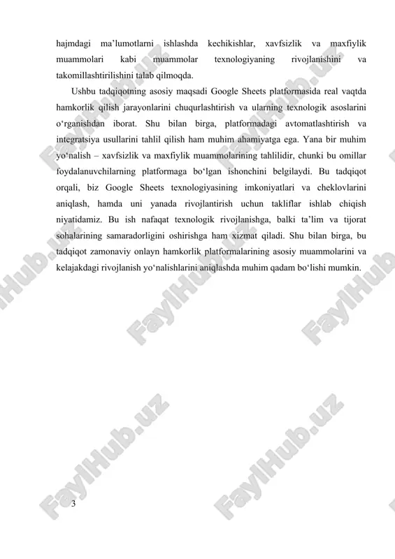 hidan, real vaqtda hamkorlik tushunchasi – bu bir nechta foydalanuvchining muayyan onlayn platforma orqali, ayniqsa google sheets kabi dasturlar yordamida, bir vaqtning o‘zida hujjarga kirib, uni tahrirlash imkoniyatidir. bu jarayon, odatda, internet aloqasi orqali amalga oshadi va har bir foydalanuvchi o‘z o‘rnida o‘zgarishlarni kiritadi. bu o‘zgarishlar esa, avtomatik tarzda, boshqa foydalanuvchilarga ham ko‘rinadi, ya’ni, real vaqtda tahrirlar majmuasi shakllantiriladi. bu konseptning asosiy afzalligi shundaki, u jarayonni ochiq va shaffof qiladi, hamkorlarning fikr va takliflarini tezkor tarzda o‘zaro almashish imkonini yaratadi. ikkinchidan, real vaqtda hamkorlikda ishlash uchun texnologik infratuzilma muhim rol o‘ynaydi. bu jarayonni ta’minlash uchun bulutli hisoblash texnologiyalari, xususan google drive platformasi va google sheets dasturi, muhimdir. bu texnologiyalar foydalanuvchilarga ma’lumotlarni saqlash, ulashish va tahrirlash imkoniyatini, shuningdek, avtomatik saqlash funksiyasini taqdim etadi. avtomatik saqlash — bu tahrirlar yo‘qolishining oldini oladigan va foydalanuvchilarga xavfsizlikni ta’minlaydigan muhim elementdir. bundan tashqari, real vaqtda hamkorlik uchun, platforma serverlar orqali foydalanuvchilarga ulanish va ma’lumotlarni uzatishni …