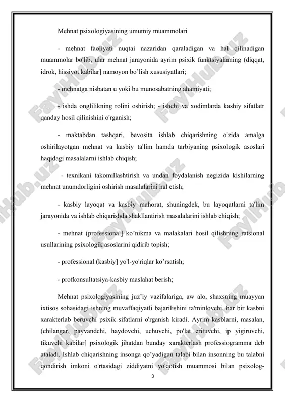 og-mutaxassislargina emas, balki muhandislar, texniklar va kasbhunar ta'limi pedagoglari ham shug'ullanadilar. mehnat psixologiyasining predmeti va asosiy muammolari hozirgi paytda uning oldida turgan vazifalarni belgilab beradi. 1. kasb tanlashga yo’naltirish, maslahat berish, kasbga layoqatli yoshlarni tanlash hamda o'quvchilarda kasbiy qobiliyati, qiziqishi shakllanishini psixologik o'rganish va tavsiflash. bu vazifa psixologik professiograflya tomonidan hal qilinadi, muammoni ishlab chiqishda psixologlar, pedagoglar ishtirok etadilar. 2. u yoki bu kasbda ishlashni mo’ljallayotgan yoki ishlayotgan, lekin hali uni to'la egallamagan kishilarning qobiliyatini o'rganish. kasbni egallamagan kishilar ular qobiliyatining ishlab chiqarish talablariga mos kelishini aniqlash hamda faoliyatning mazkur turi uchun yetarli darajada taraqqiy etmagan qobiliyatlarini rivojlantirishga doir choralarni izlash yoki uni qobiliyatiga mosroq boshqa kasbga ko'chirish uchun o’rganiladi. bu vazifa pedagogik, psixologik va ishlab chiqarish tavsifi, zarur bo’lgan taqdirda esa mutaxassis-psixologlar va shifokorlar kuzatuvi asosida mehnat ekspertizasi yordamida hal qilinadi. 3. kasbiy bilim, ko’nikma va malakaning shakjlanish jarayonining psixologik qonuniyatlarini aniqlash maqsadida o'rganish. bu qonuniyatlrdan foydalanish kasb bo’yicha …