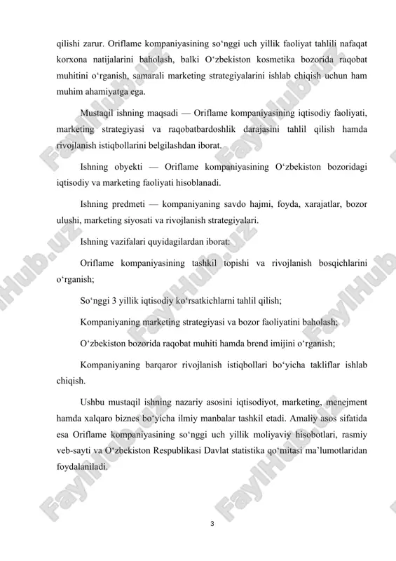 li kosmetika va parvarish mahsulotlarini yaratish edi. kompaniya o‘z faoliyatini atigi bir necha turdagi krem va losonlar bilan boshlagan bo‘lsa-da, qisqa muddat ichida butun yevropada mashhurlikka erishdi. 1970–1980-yillar mobaynida oriflame o‘z faoliyatini xalqaro darajaga olib chiqdi. kompaniya skandinaviya mamlakatlari, buyuk britaniya, germaniya, ispaniya va boshqa yevropa davlatlarida o‘z ofislarini ochdi. 1990-yillarga kelib esa oriflame osiyo, lotin amerikasi va sharqiy yevropa mamlakatlariga kirib bordi. bugungi kunda oriflame kompaniyasi dunyoning 60 dan ortiq mamlakatida faoliyat yuritadi va 3 milliondan ortiq mustaqil distribyutorga ega. kompaniyaning asosiy bosh ofisi shvetsiyaning stokgolm shahrida joylashgan. uning ishlab chiqarish korxonalari polsha, hindiston, rossiya, xitoy va meksikada joylashgan bo‘lib, global tarmoq sifatida faoliyat yuritadi. oriflame kompaniyasi o‘z faoliyatini “to‘g‘ridan-to‘g‘ri sotuv” tizimi orqali olib boradi. bu tizimda mahsulotlar do‘konlar orqali emas, balki to‘g‘ridan-to‘g‘ri distribyutorlar orqali mijozlarga yetkaziladi. bunday yondashuv kompaniyaga marketing va reklama xarajatlarini kamaytirish, mijozlar bilan bevosita aloqa o‘rnatish hamda ishonchli brend sifatida tanilish imkonini berdi. oriflame kompaniyasining …