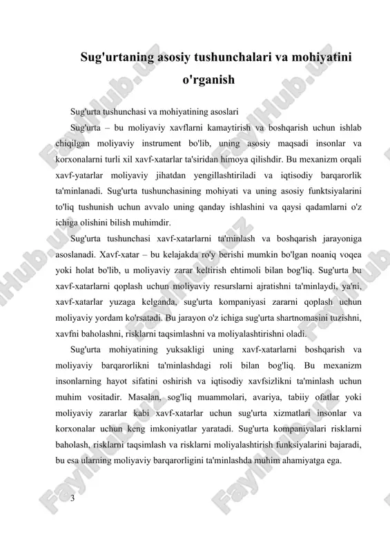 hda statistik ma'lumotlar, tarixiy tajribalar, va ehtimollik nazariyasi asosida xavf-xatarning darajasi aniqlanadi. bu baholash natijasida, sug'urta polisini ishlab chiqish uchun asosiy ma'lumotlar to'planadi. sug'urta polisini ishlab chiqish jarayonida, xavf-xatarlarni qoplash uchun zarur bo'lgan moliyaviy resurslar va sug'urta tariflari belgilanishi mumkin. shuningdek, sug'urta funktsiyalaridan biri – risklarni taqsimlash va moliyalashtirishdir. bu jarayonda, xavf-xatarlar keng auditoriyaga taqsimlanadi, ya'ni, ko'plab sug'urta oluvchilar o'z xavflarini sug'urta kompaniyasiga topshiradilar. bu esa, har bir sug'urta oluvchining xavf-xatarini kamaytiradi va ularning moliyaviy xavfsizligini oshiradi. moliyalashtirish esa, sug'urta kompaniyasining risklarni qabul qilish uchun zarur bo'lgan moliyaviy resurslarni ta'minlaydi. bu jarayonlar, sug'urta kompaniyalarining risklarni boshqarish va moliyaviy barqarorlikni ta'minlashda asosiy rol o'ynaydi. bundan tashqari, sug'urta tushunchasining mohiyati uning risklarni boshqarishdagi strategik ahamiyatida ham ko'rinadi. sug'urta kompaniyalari xavfni baholash va risklarni taqsimlash orqali, iqtisodiyotdagi muhim rolni bajaradi. ular xavf-xatarlarni taqsimlash orqali, iqtisodiy barqarorlikni mustahkamlashga yordam beradi. bu jarayon, shuningdek, davlatlarning iqtisodiy rivojlanishiga ham ta'sir ko'rsatadi, chunki sug'urta mexanizmi orqali moliyaviy …