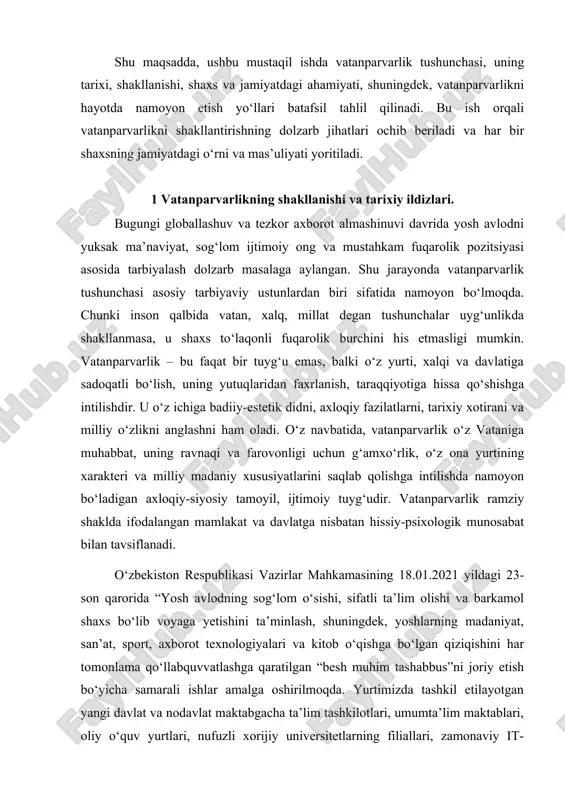 r mahkamasining 18.01.2021 yildagi 23- son qarorida “yosh avlodning sog‘lom o‘sishi, sifatli ta’lim olishi va barkamol shaxs bo‘lib voyaga yetishini ta’minlash, shuningdek, yoshlarning madaniyat, san’at, sport, axborot texnologiyalari va kitob o‘qishga bo‘lgan qiziqishini har tomonlama qo‘llabquvvatlashga qaratilgan “besh muhim tashabbus”ni joriy etish bo‘yicha samarali ishlar amalga oshirilmoqda. yurtimizda tashkil etilayotgan yangi davlat va nodavlat maktabgacha ta’lim tashkilotlari, umumta’lim maktablari, oliy o‘quv yurtlari, nufuzli xorijiy universitetlarning filiallari, zamonaviy it-parklar, madaniyat muassasalari va sport inshootlari, mutlaqo yangi namunadagi ta’lim maskanlari - “prezident maktablari”, “temurbeklar maktabi”, “ijod maktablari” bugungi globallashuv sharoitida raqobatga qodir bo‘lgan yetuk kadrlarning yangi avlodini tarbiyalashga xizmat qilmoqda” deya ta’kidlangan. qolaversa, vatanparvarlik tabiatan chuqur ijtimoiy hodisa sifatida jamiyat hayotining ma’lum bir jihatigina emas, balki uning mavjudligi va rivojlanishining manbai bo‘lib, jamiyatning hayotiyligi, ba’zan esa omon qolish qobiliyatining atributi sifatida ham namoyon bo‘ladi. shu bilan birga, vatanparvarlikning o‘ziga xos ko‘rinishlaridan biri davlatchilik tamoyili bo‘lib, u jamiyatlarning tarixiy rivojlanishining muhim omili davlatning …
