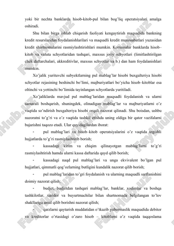 or va buyurtmachilar bilan shartnomada belgilangan to’lov shakllariga amal qilib borishni nazorat qilish; 1. qarzlarni qaytarish muddatidan o’tkazib yubormaslik maqsadida debitor va kreditorlar o’rtasidagi o’zaro hisob – kitoblarni o’z vaqtida taqqoslama dalolatnomalar bilan rasmiylashtirish hamda uni so’ndirish bo’yicha chora-tadbirlar ko’rish; 1. xo’jalikning pul mablag’lari harakatini oldindan prognozlash va pul oqimini me’yorlashtirish bo’yicha tegishli tadbirlar ishlab chiqishda iboratdir. 2. kassa operatsiyalarini hisobga olish korxonaning kassasi buxgalteriya aparatining tarkibida bo’lib, unga naqd pul mablag’lari va boshqa qimmatliklar (qimmatli qog’ozlar, pulli hujjatlar, pochta markalari va boshqa) ni qabul qilish, berish hamda saqlash operatsiyalarini amalga oshirish majburiyati yuklatilgan. pul mablag’larining butligi, kassa operatsiyalarini bajarish bo’yicha moddiy javobgarlik korxona rahbari tomonidan tayinlanadigan kassirga biriktirilgan. kassa operatsiyalarini yuritish amaldagi qoidaga ko’ra tartibga solinadi kassada kechiktirib bo’lmaydigan xarajatlarni qoplash uchun zarur bo’lgan belgilangan limit doirasida qoldiq bo’lishi mumkin. belgilangan limitdan ortiqcha naqd pul kassada faqat ish haqi, pensiya, nafaqa, stipendiya berish kunlari, bank muassasasidan pul olingan kun …