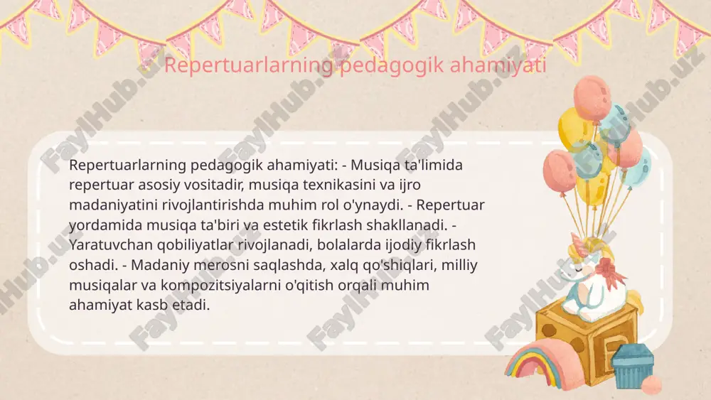 iyojlari va qobiliyatlariga mos musiqa tanlash, ularni qiziqtirish va motivatsiyasini oshirish muhimdir. maktab repertuari xilma-xil bo'lib, turli janrlar va uslublarni o'z ichiga oladi, pedagogik ma'noda ahamiyatli tanlovlar qilish zarur. o'qituvchining vazifalari o'qituvchining repertuar tanlashdagi vazifalari: pedagogik maqsadlar, yosh va rivojlanish bosqichiga moslik, o'quvchilarning qiziqishlarini hisobga olish. repertuardan samarali foydalanish uchun o'qituvchi musiqa asarlarini to'g'ri tanlab, ularni tushuntirishi va ijro qilish imkoniyatlarini yaratishi zarur. ijodiy yondashuv bilan o'qituvchi repertuarni yangilaydi, zamonaviy usullar bilan o'qitishni rivojlantiradi va o'quvchilarning musiqa bilan bog'lanishini oshiradi. 1 2 3 baholash mezonlari repertuarning baholashda asosiy mezonlar: yoshi, texnikasi va ijro uslubi. o'quvchilarga ta'siri o'quvchilarning rivojlanishiga ta'siri: motivatsiya, ijodkorlik va musiqiy tafakkur. yangilash va takomillashtirish repertuarni doimiy yangilash, pedagogik talablar va texnologik imkoniyatlarga moslashtirish. tahlil qilish usullari baholashda metodlar: ko'ruv, o'zaro fikr va amaliy testlar. repertuarni o'qitishda innovatsiyalar musiqa o'qitishda innovatsion yondashuvlar, texnologiyalar va ijodiy metodlar muhim ahamiyatga ega. innovatsion yondashuvlar: interaktiv dasturlar va guruh muhokamalari. texnologiyalar: e-portfolio, …