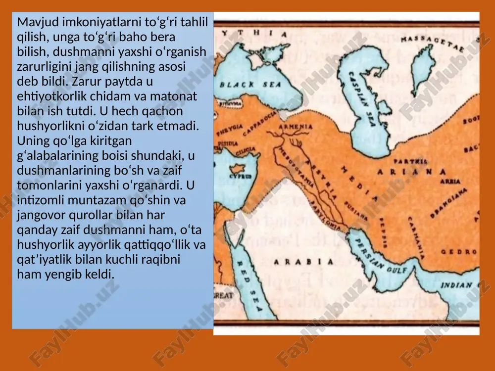bilan kutib olishga chiqqan begunoh branxidlarni qirib tashlaydi va ularning shahar va qishloqlarining kulini ko‘kka sovuradi. shundan keyin aleksandr ptolemey qo‘shinlari bilan birlashadi. u asirga tushgan bessning quloq va burnini kesib, ekbatana shahriga, ya’ni doro iii ning qarindoshlari qo‘liga topshirish uchun yuboradi. u yerda bess vaxshiyyona o‘ldiriladi. nautakadan keyin aleksandr marakanda (samarqand)ga yo‘l oladi. bu transaksoniyaning yirik shaxarlaridan biri bo‘lgan. iskandar jangda o‘ta berahm bo‘lgan. maraqandani egallagach, maxalliy tilni yaxshi biladigan farnux boshchiligida 1000 ta jangchidan iborat gornizonni qo‘yib, o‘zi sirdaryo bo‘yida joylashgan kiropol shaxrini egallashga ketadi. (kiropol-shim.tojikistondagi nurtepa yodgorligi). u katvan cho‘li, malguzar tog‘liklari va zamin cho‘li (tojikistonning xo‘jand viloyati) orqali borgan. bu yerda kiropolga yetmasdan yozma manbalarda ma’lumot berishlaricha, 7 ta shahar qattiq qarshilik ko‘rsatgan. arxeologik tadqiqotlar natijasida, mil.avv. v-iv asrlarga oid bir necha manzilgohlar topilgan. ularning eng yiriklari xan tepa va nurtepa bo‘lgan. bu yerda bo‘lgan jangda hatto aleksandrning o‘zi ham yaralangan. kiropolni egallab, u yerda aleksandriya …
