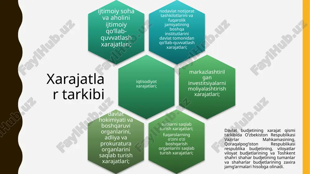 o‘zbekiston respublikasi vazirlar mahkamasi huzuridagi sug‘oriladigan yerlarning meliorativ holatini yaxshilash jamg‘armasining har yili tasdiqlanadigan asosiy parametrlari doirasida budjetdan ajratiladigan maqsadli mablag‘lar; qonunchilikda o‘zbekiston respublikasining respublika budjetidan moliyalashtirilishi nazarda tutilgan standartlashtirish va sertifikatlashtirish, topografiya-geodeziya, kartografiya va kadastr, shuningdek geologiya qidiruv ishlari, davlat shaharsozlik kadastrini yuritish xarajatlari, chegaradosh davlatlarga haq evaziga yerdan foydalanish to‘lovi, gidrometeorologiya xizmati muassasalarini saqlab turish xarajatlari; “suv ta’minoti va kanalizatsiya tizimlarini rivojlantirish” jamg‘armasi orqali ichimlik suvi bilan ta’minlash tizimini rivojlantirish bilan bog‘liq xarajatlar. atrof muhit va landshaftning muhofaza qilinishini, biologik xilma-xillikning himoya qilinishini ta’minlash bilan bog‘liq xarajatlar; o‘zbekiston respublikasi vazirlar mahkamasining zaxira jamg‘armasini shakllantirish xarajatlari va boshqa xarajatlar davlat hokimiyati va boshqaruvi organlarini, adliya va prokuratura organlarini saqlab turish xarajatlari, shu jumladan: respublika vazirliklari, davlat qo‘mitalari va idoralari buyurtmachi bo‘lgan markazlashtirilgan investitsiyalarni moliyalashtirish xarajatlari; moliya vazirligi 2023-yilgi davlat budjetini taqdim etdi. hujjat jamoatchilik muhokamasiga qo‘yilmadi. unda yaim 5,3%ga o‘sishi, inflyatsiya darajasi esa 9,5% atrofida bo‘lishi rejalashtirilmoqda. davlat budjeti …